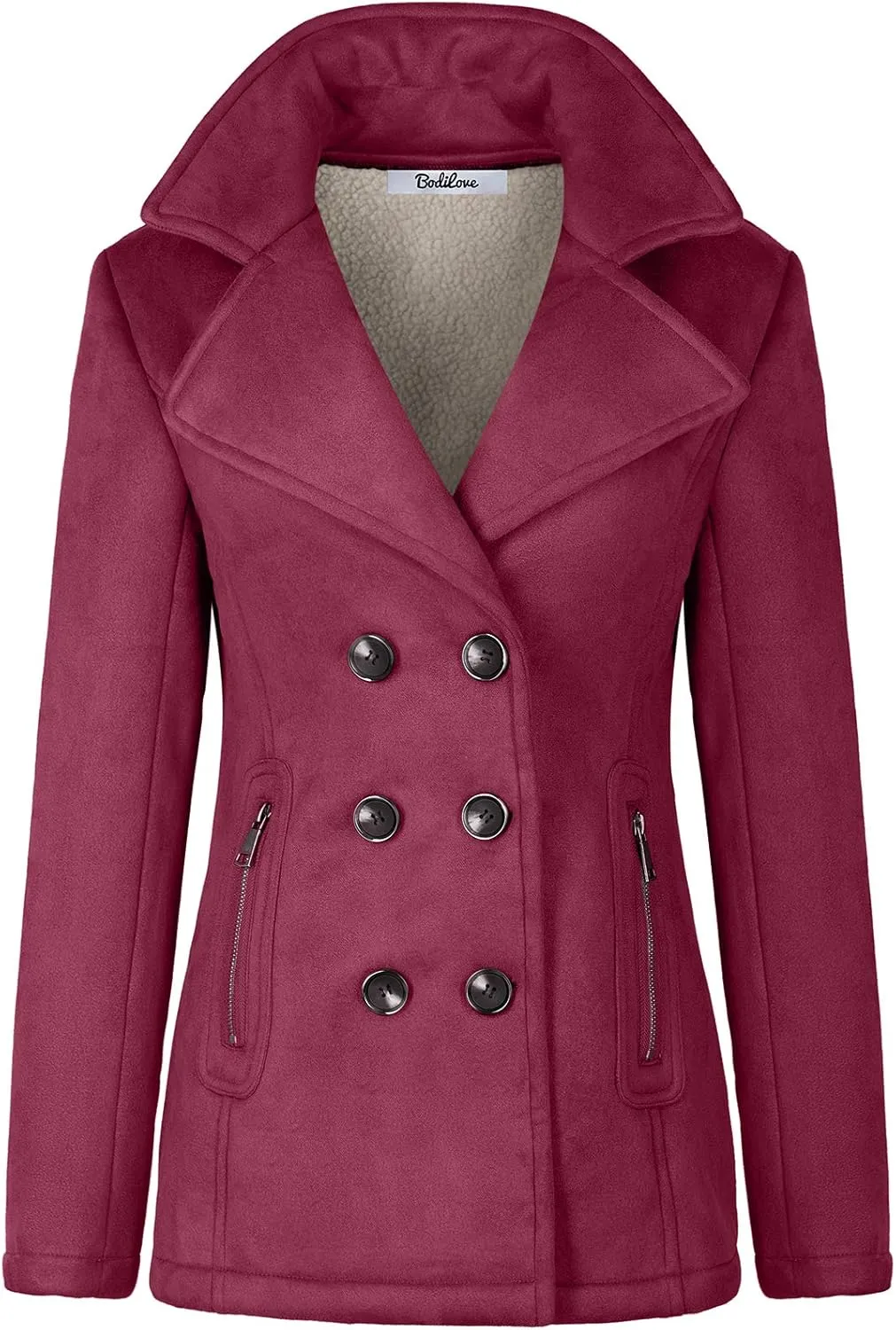 BodiLove Women's Fitted Buttoned Long Sleeve Polyester Lining Soft Suede Pea Coat w/Sherpa Lining