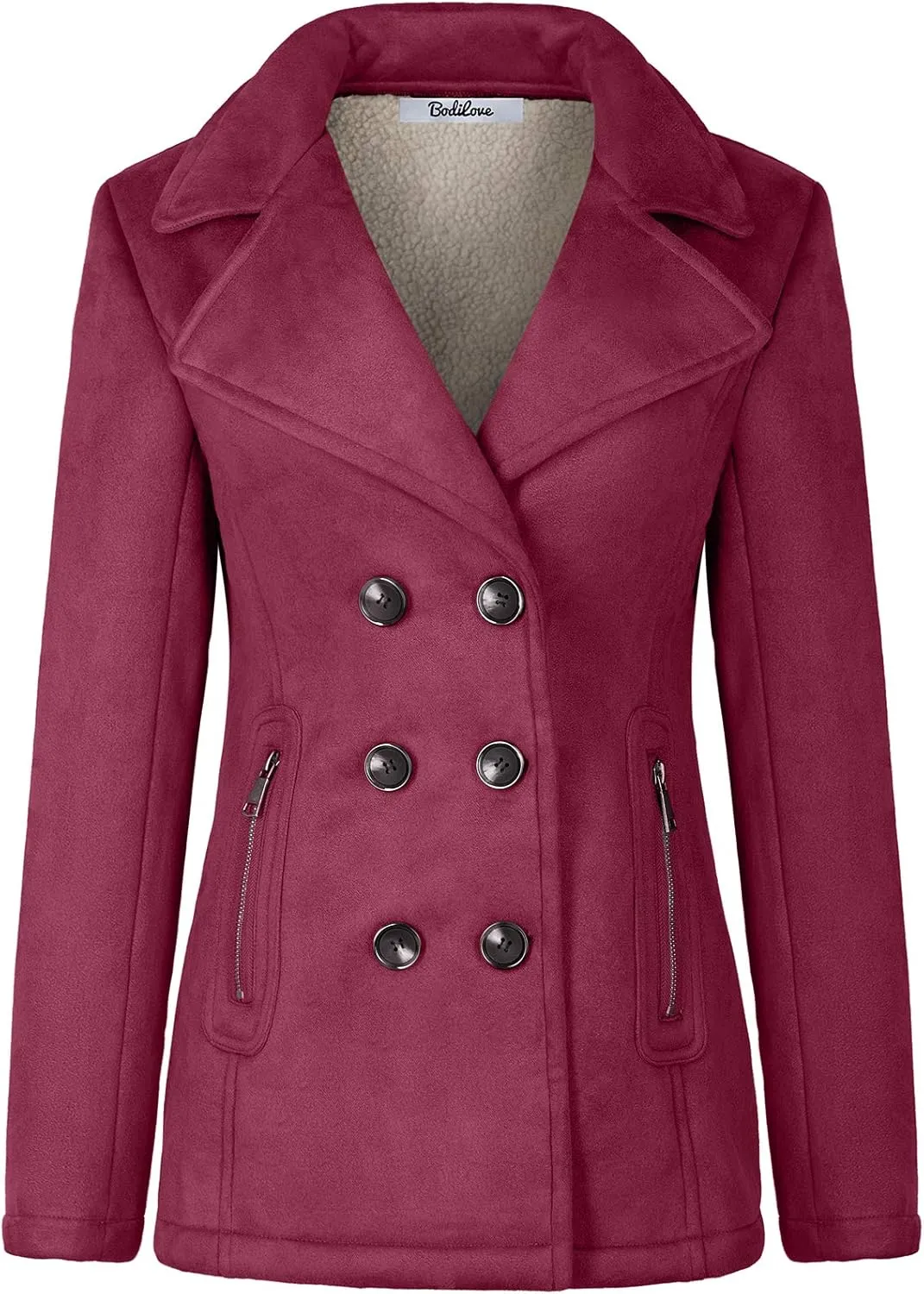 BodiLove Women's Fitted Buttoned Long Sleeve Polyester Lining Soft Suede Pea Coat w/Sherpa Lining