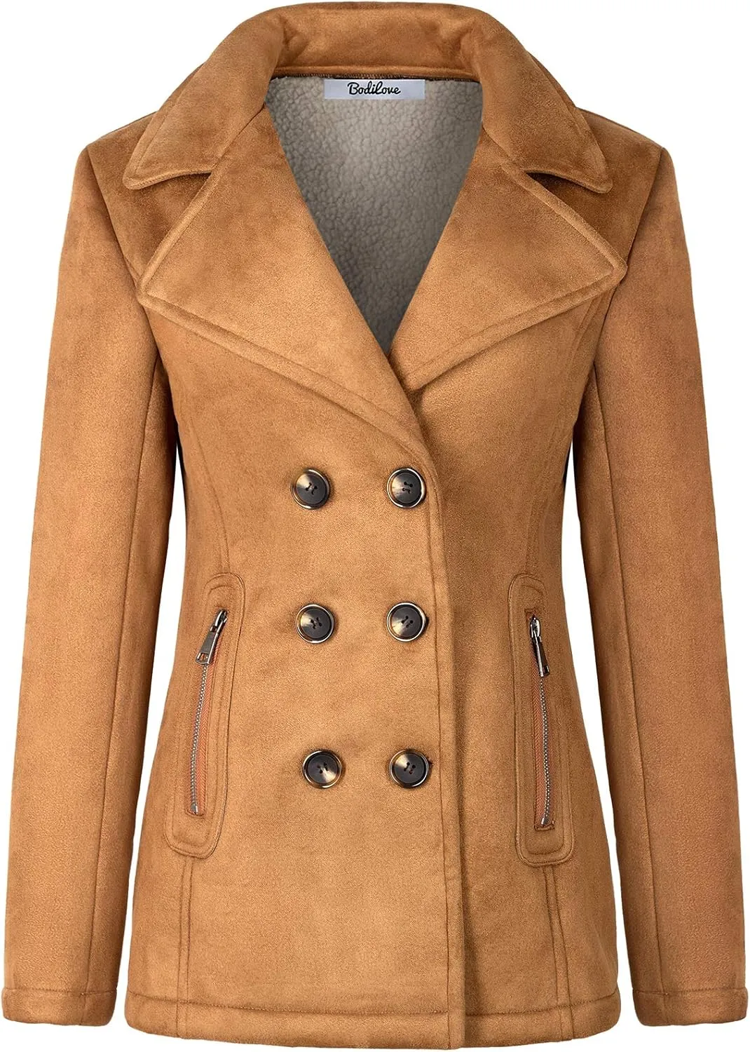 BodiLove Women's Fitted Buttoned Long Sleeve Polyester Lining Soft Suede Pea Coat w/Sherpa Lining