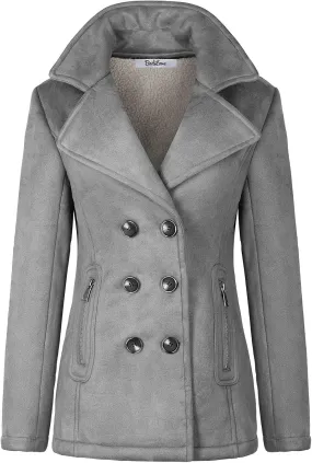 BodiLove Women's Fitted Buttoned Long Sleeve Polyester Lining Soft Suede Pea Coat w/Sherpa Lining