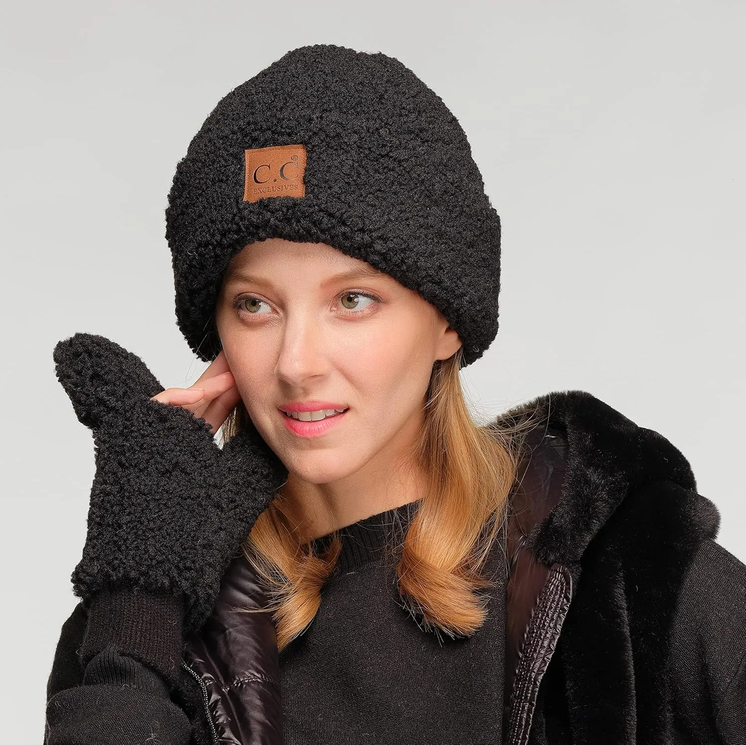C.C Sherpa Cuff Beanie Hat Suede Logo and Sherpa Mitten Gloves (HAT-008,MT-008)