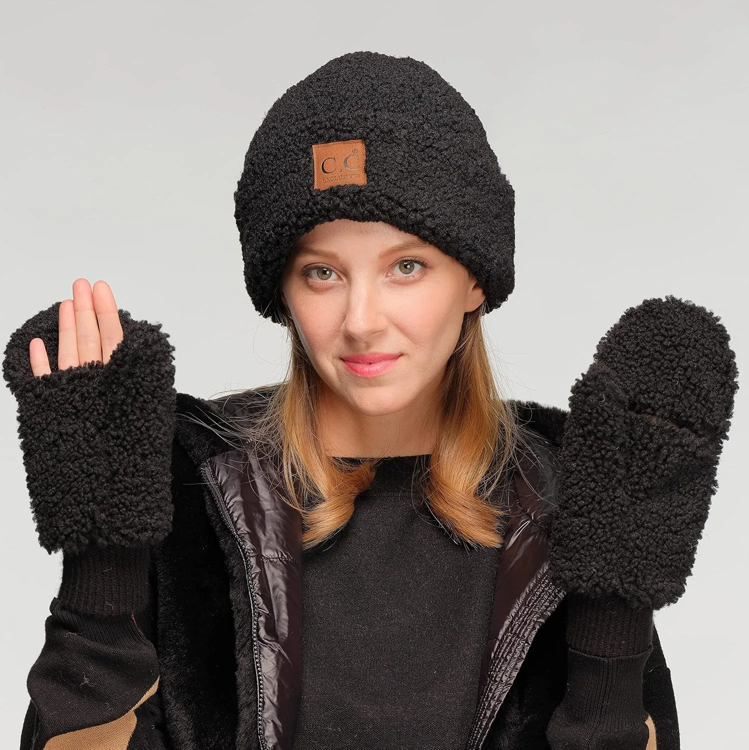 C.C Sherpa Cuff Beanie Hat Suede Logo and Sherpa Mitten Gloves (HAT-008,MT-008)
