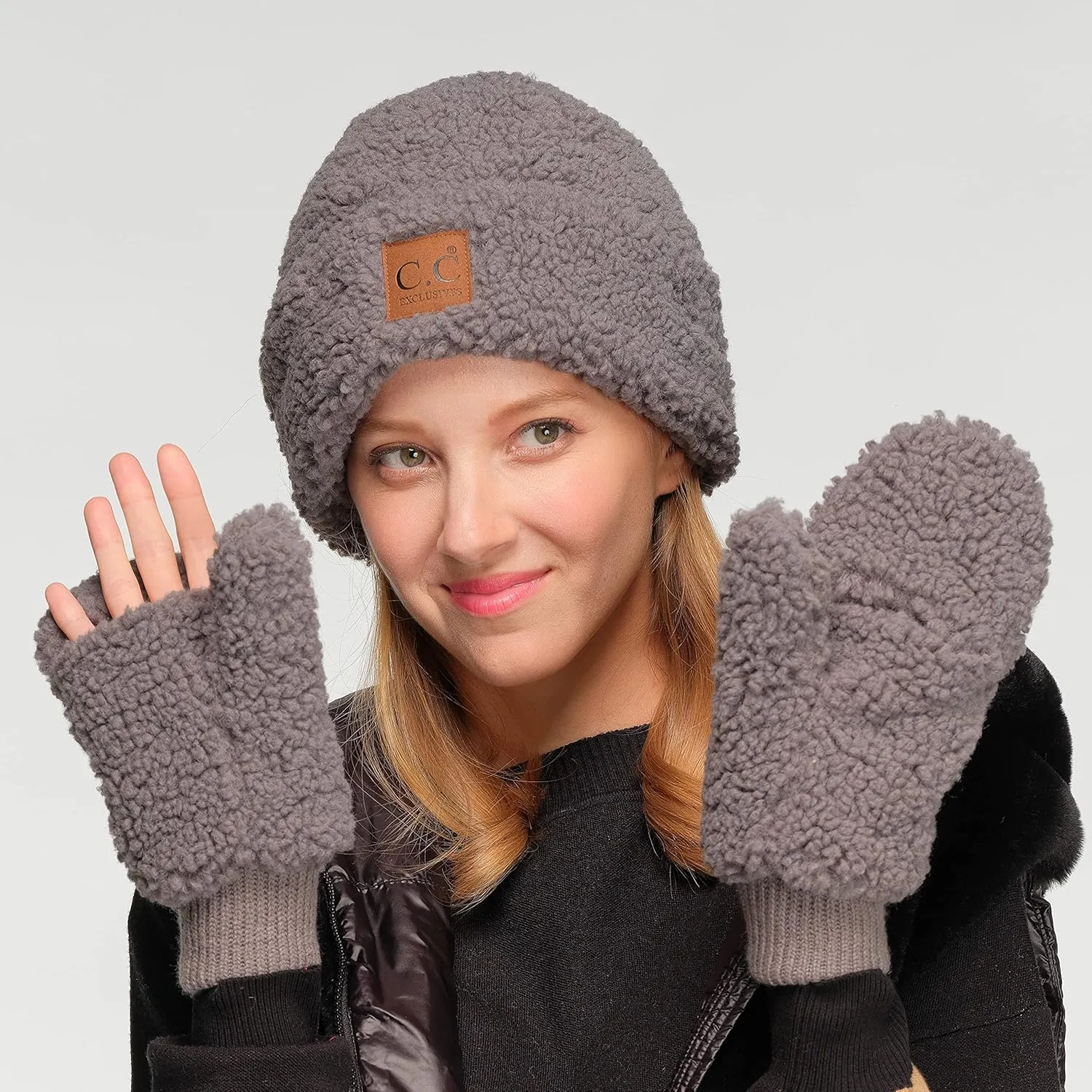 C.C Sherpa Cuff Beanie Hat Suede Logo and Sherpa Mitten Gloves (HAT-008,MT-008)
