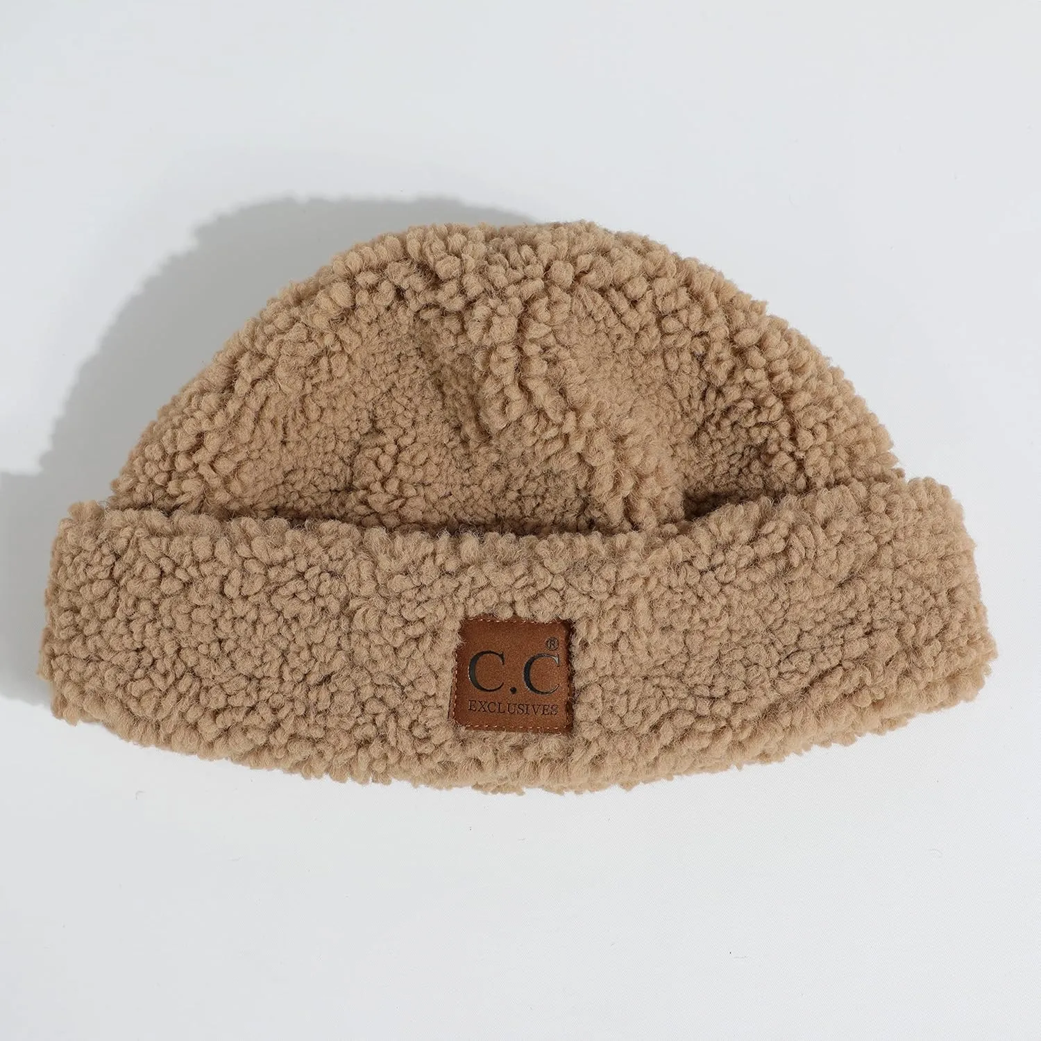 C.C Sherpa Cuff Beanie Hat Suede Logo and Sherpa Mitten Gloves (HAT-008,MT-008)