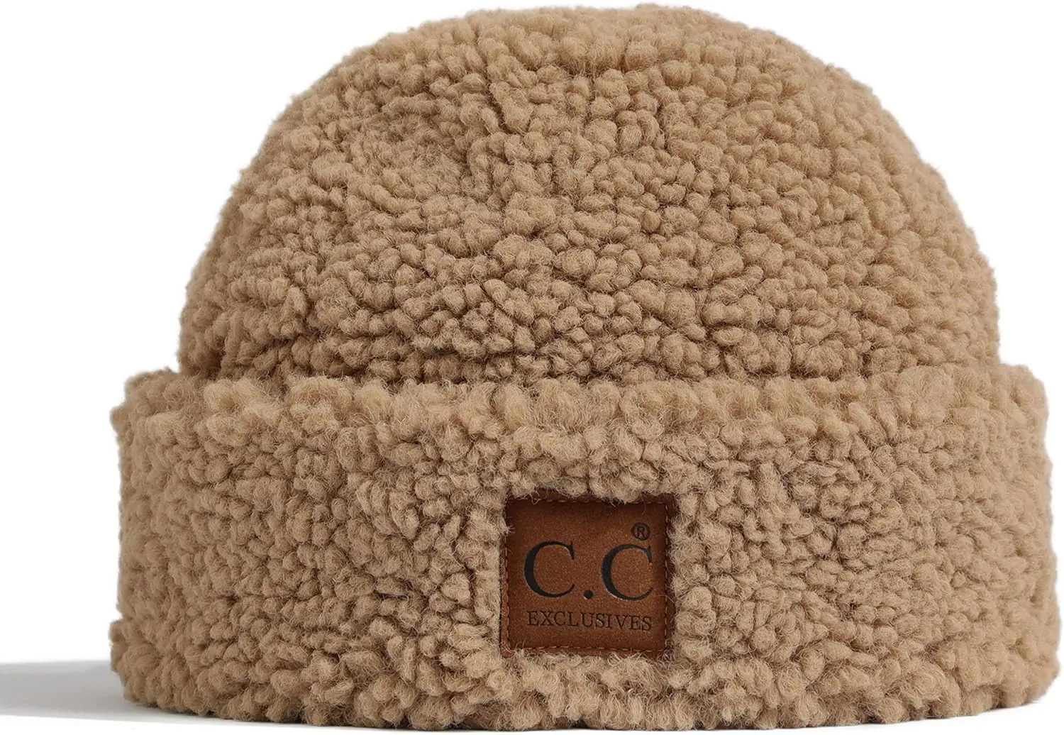 C.C Sherpa Cuff Beanie Hat Suede Logo and Sherpa Mitten Gloves (HAT-008,MT-008)
