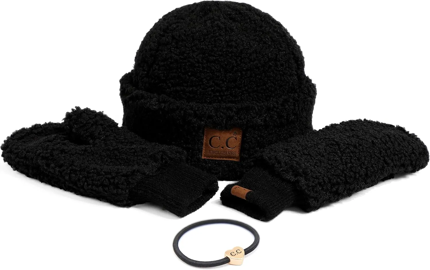 C.C Sherpa Cuff Beanie Hat Suede Logo and Sherpa Mitten Gloves (HAT-008,MT-008)