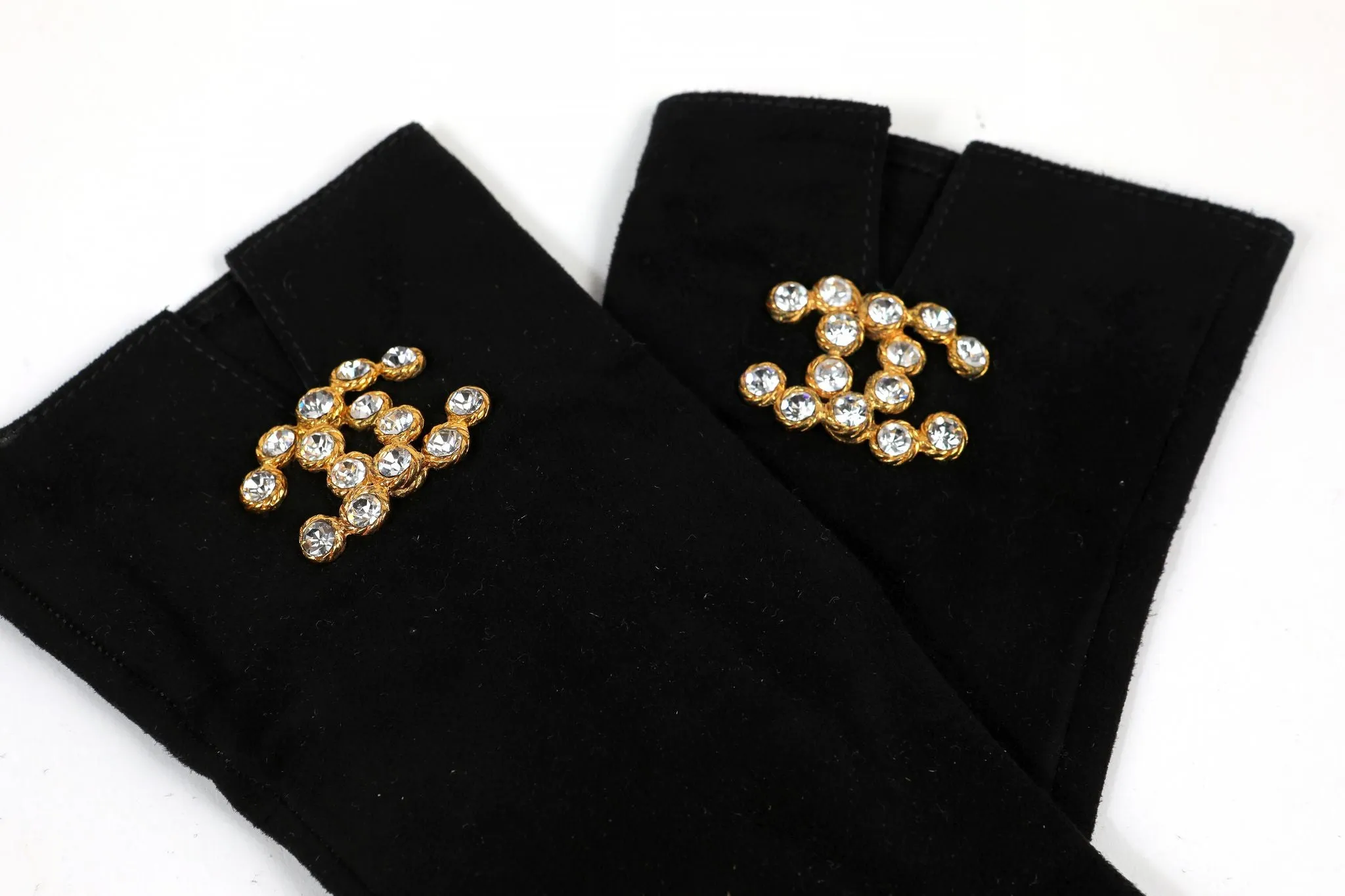 Chanel Black Suede X- Small Gloves w/ Crystal CC Detail