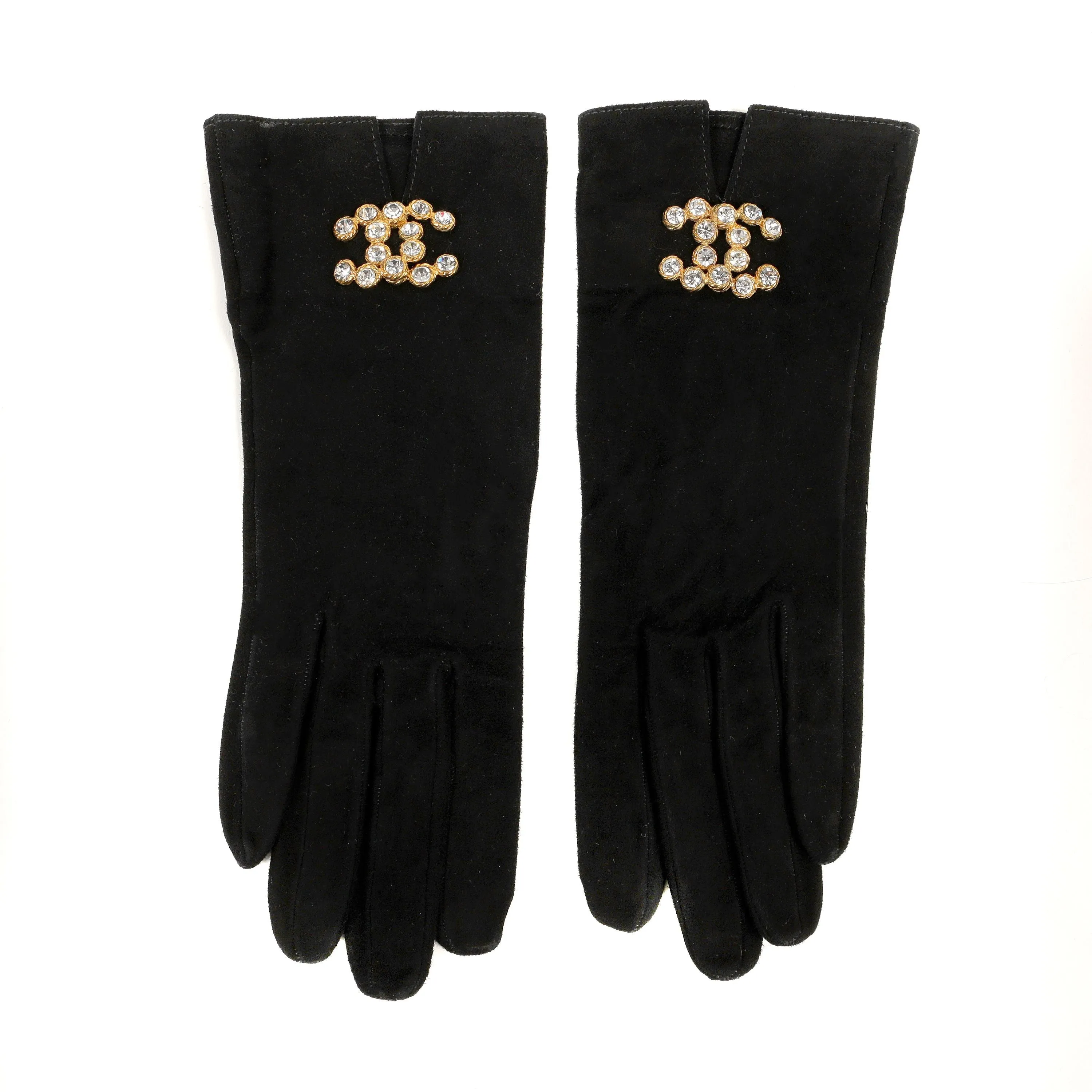 Chanel Black Suede X- Small Gloves w/ Crystal CC Detail