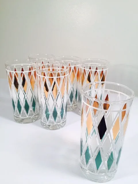Classic Vintage Retro Blue - Gold and White Diamond Glasses (Set of 6)