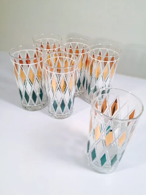 Classic Vintage Retro Blue - Gold and White Diamond Glasses (Set of 6)