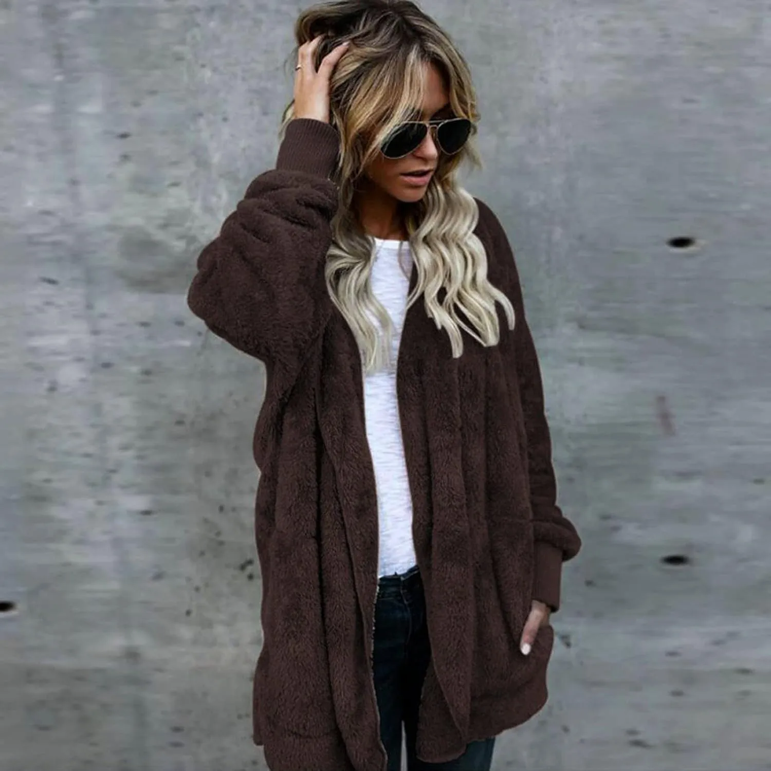 COTECRAM 2024 Womens Winter Long Sleeve Solid Fuzzy Fleece Open Front Hooded Cardigans Jacket Warm Coats Outwear Plush Tops