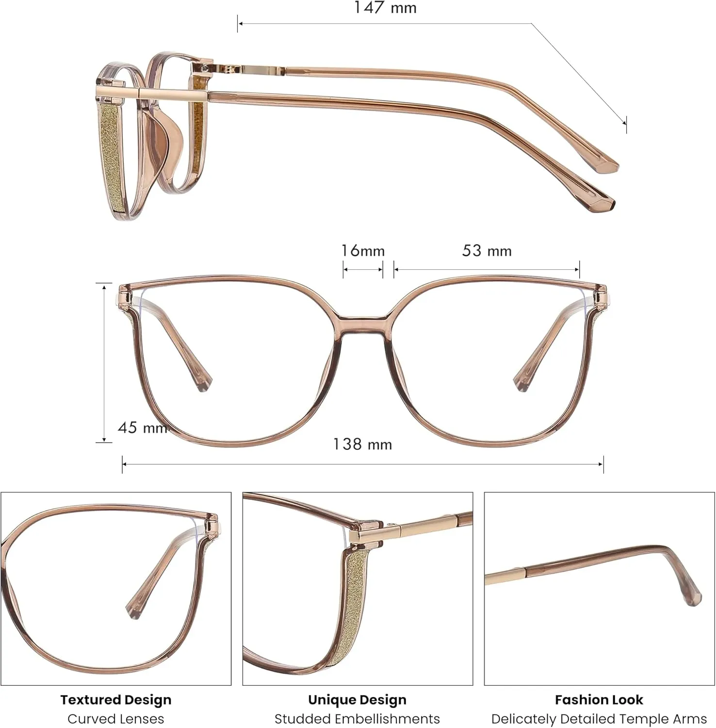 GUDVUE Oversized Blue Light Glasses, Computer Reading/Gaming/Phones Glasses, Anti Glare/UV400/Eye Strain, Large Square Frame, Champagne Pro