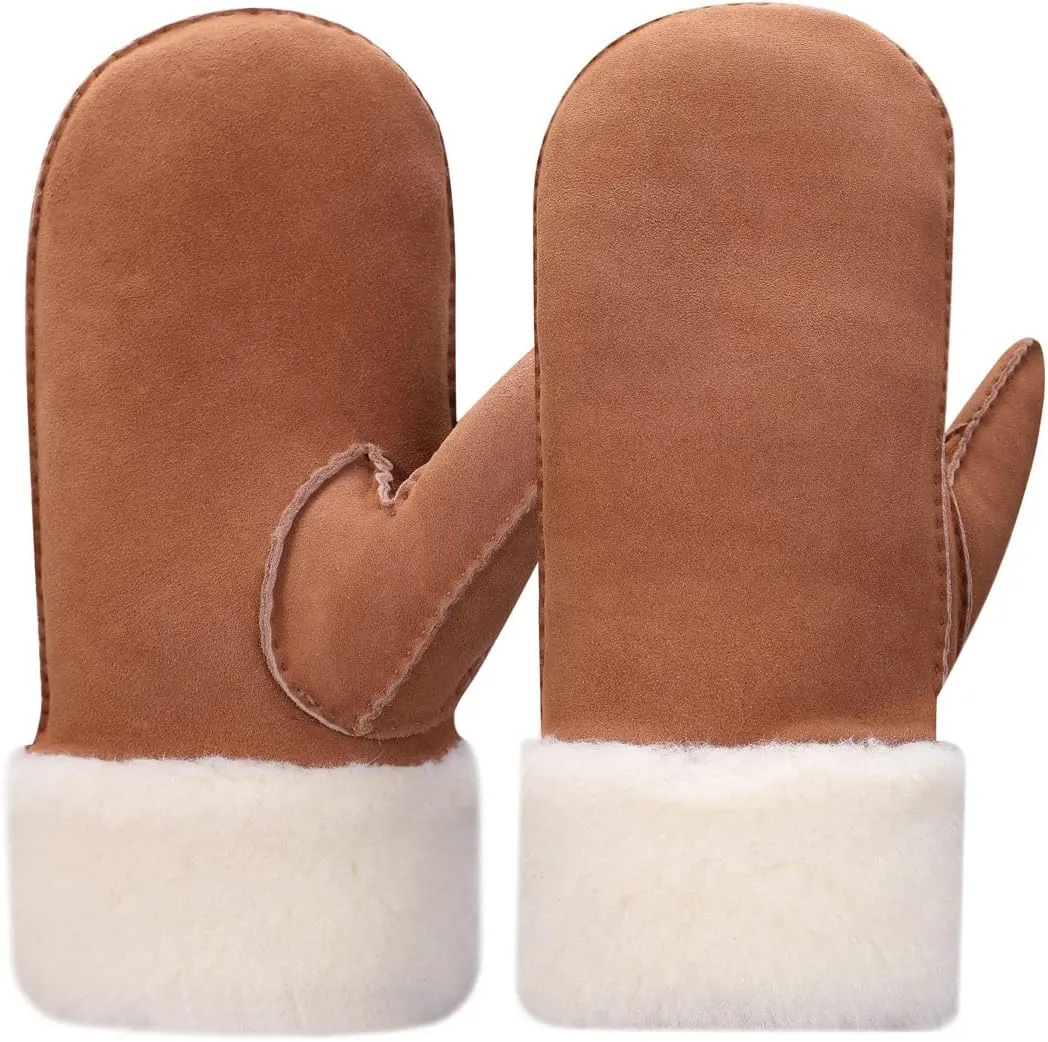 Harssidanzar Winter Mitten Gloves,Men Sheepskin Shearling Heated Warm Furry Cuff Mitten Gloves For Winter KM042US