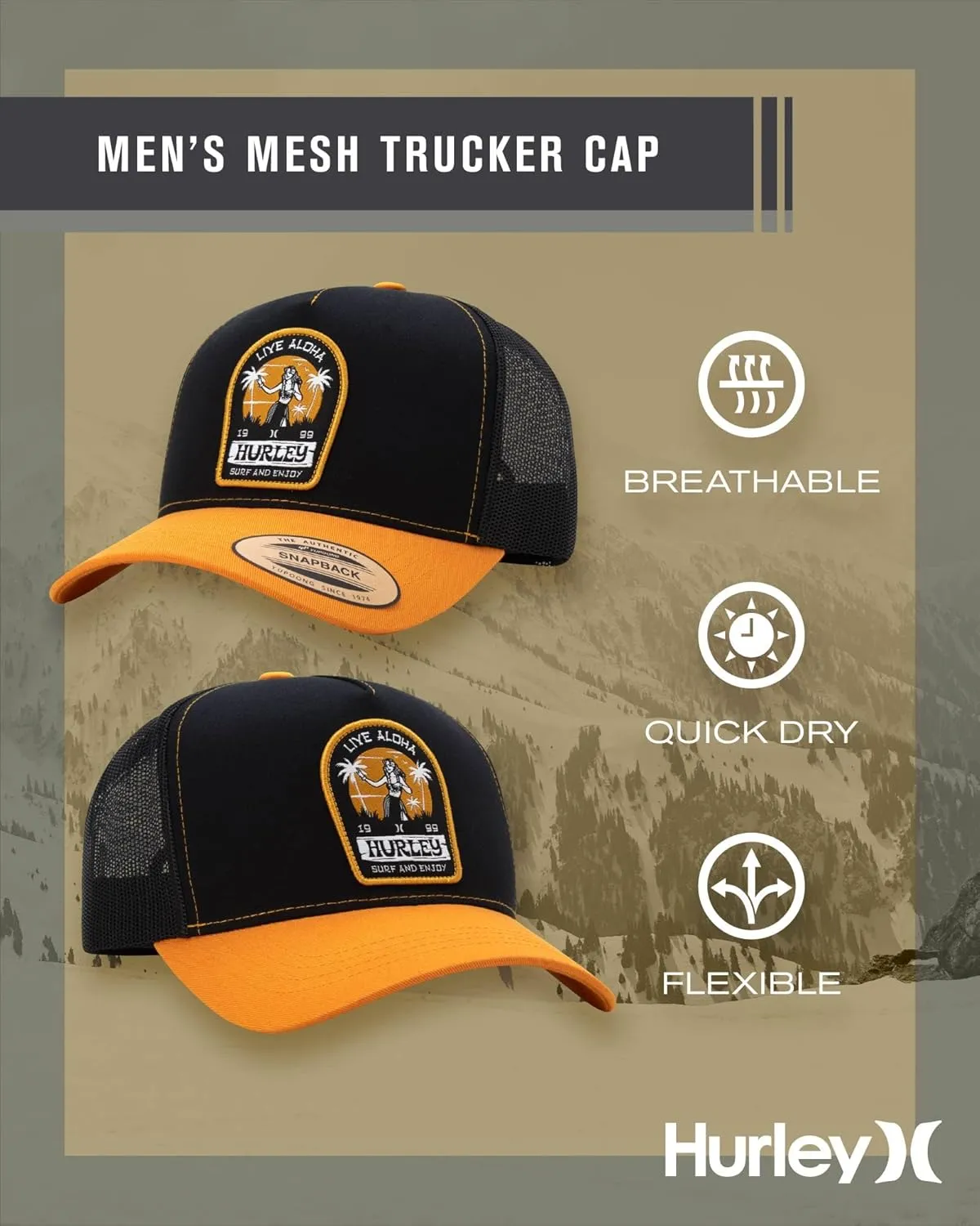 Hurley Men's Trucker Hat - Live Aloha Patch Comfortable Curved Bill with Adjustable Snap Closure - Trucker Hats for Men
