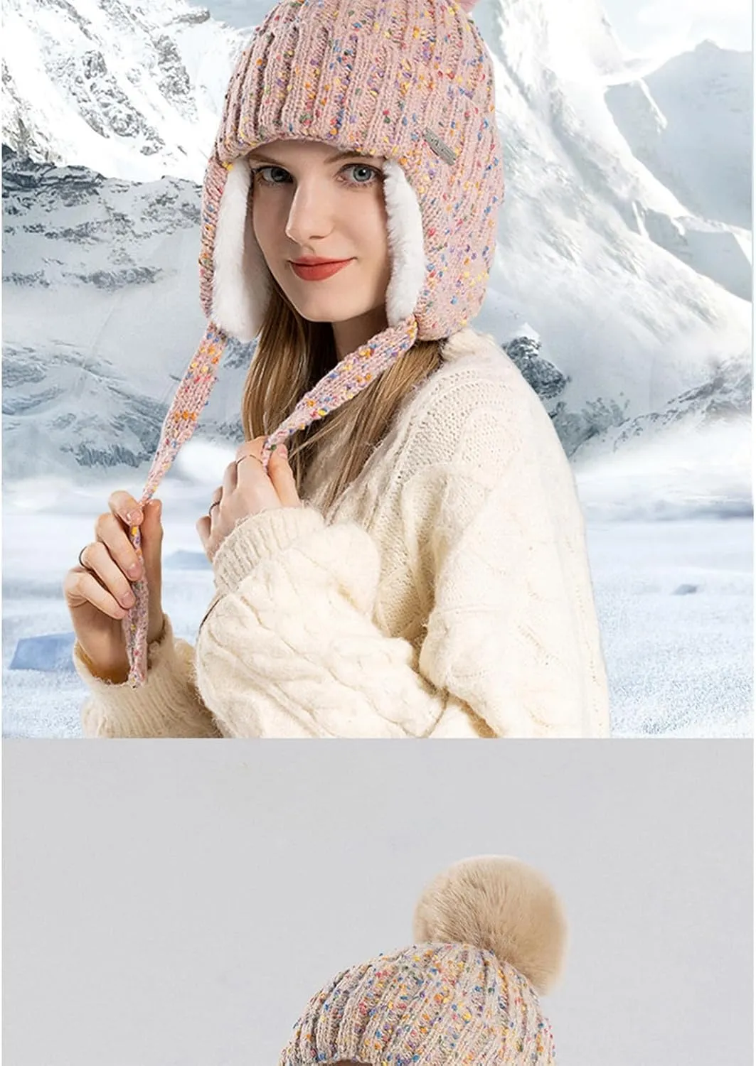 JOAU Winter Colorful Knit Hats for Women Soft Faux Fur Pom Ear Flaps Beanie Hat Warm Fleece Lined Sherpa Ski Snow Skully Cap