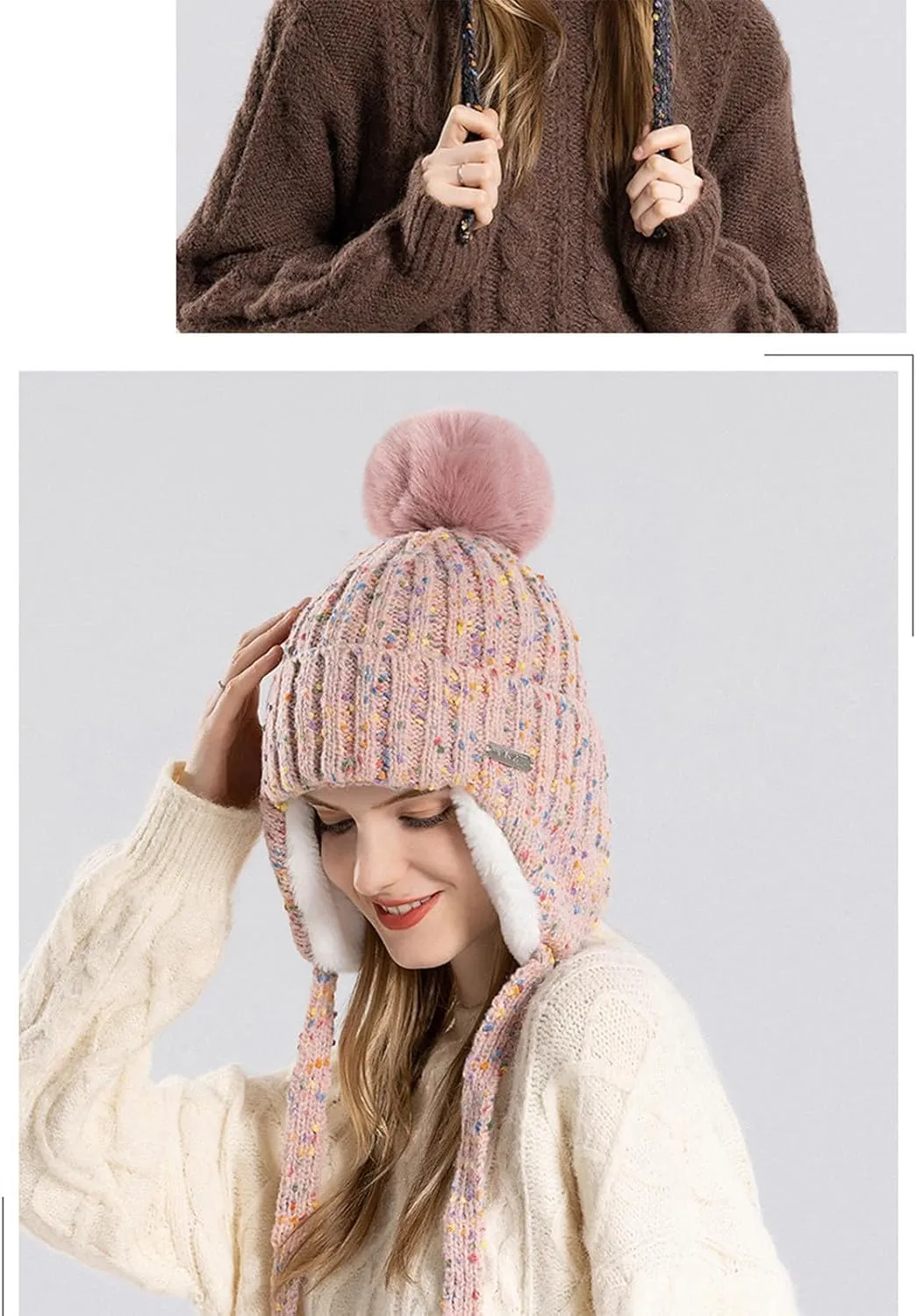 JOAU Winter Colorful Knit Hats for Women Soft Faux Fur Pom Ear Flaps Beanie Hat Warm Fleece Lined Sherpa Ski Snow Skully Cap