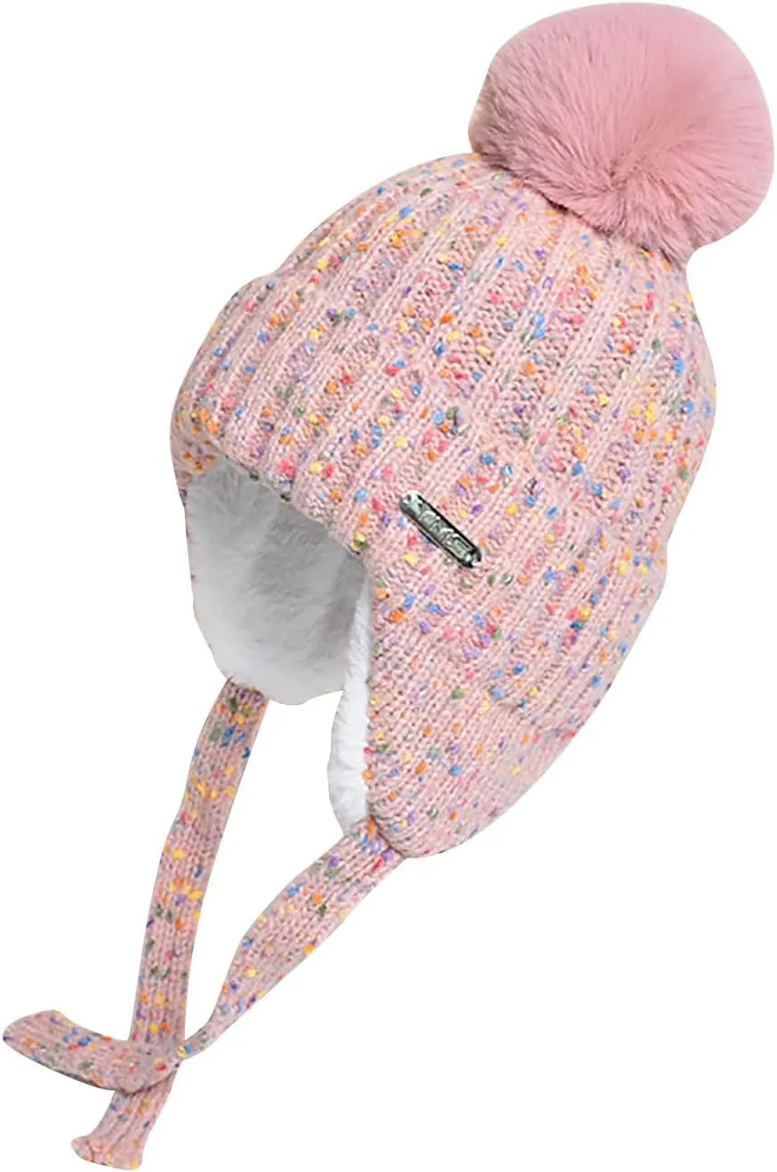 JOAU Winter Colorful Knit Hats for Women Soft Faux Fur Pom Ear Flaps Beanie Hat Warm Fleece Lined Sherpa Ski Snow Skully Cap