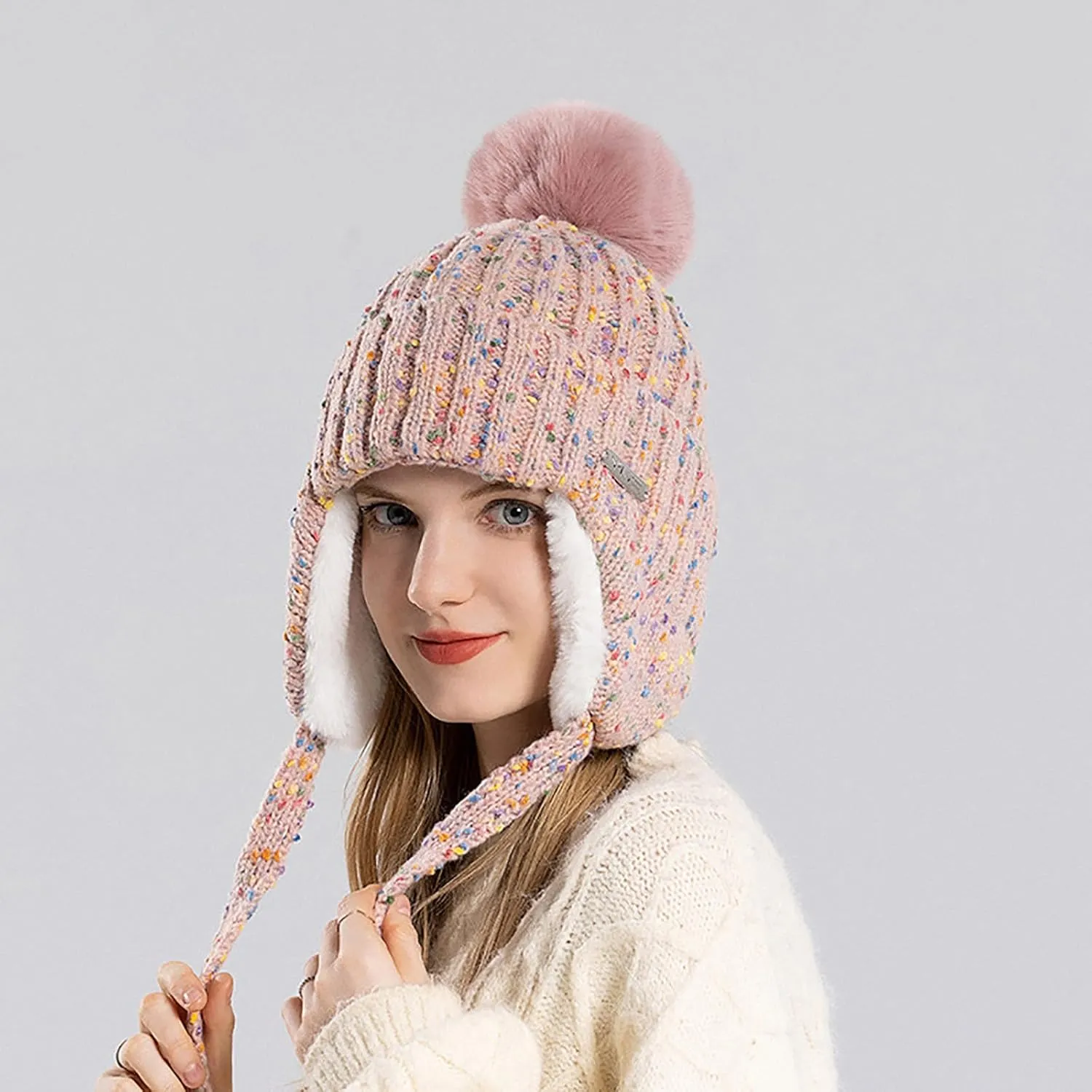 JOAU Winter Colorful Knit Hats for Women Soft Faux Fur Pom Ear Flaps Beanie Hat Warm Fleece Lined Sherpa Ski Snow Skully Cap