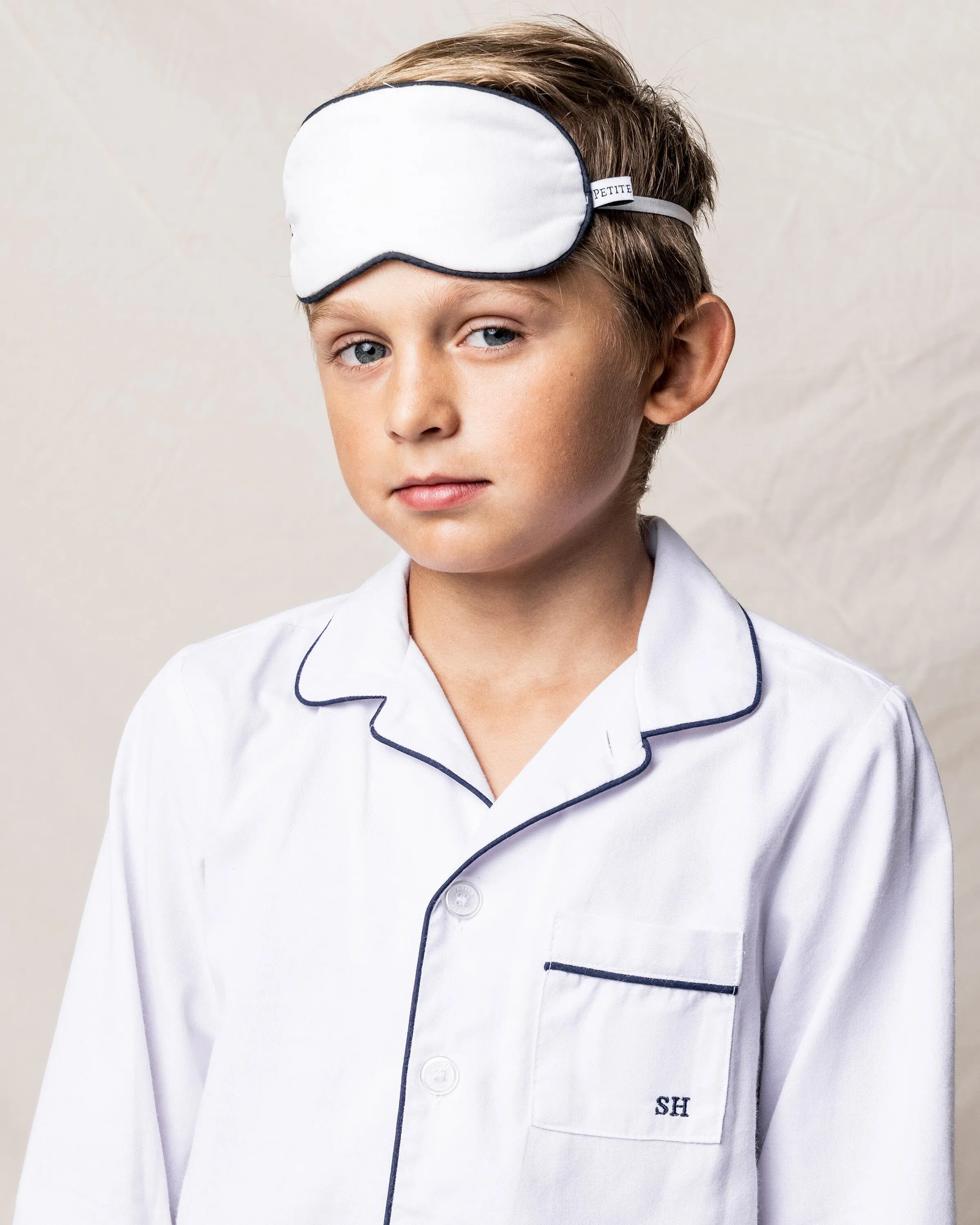 Kid's Sleep Mask | White with Navy Piping