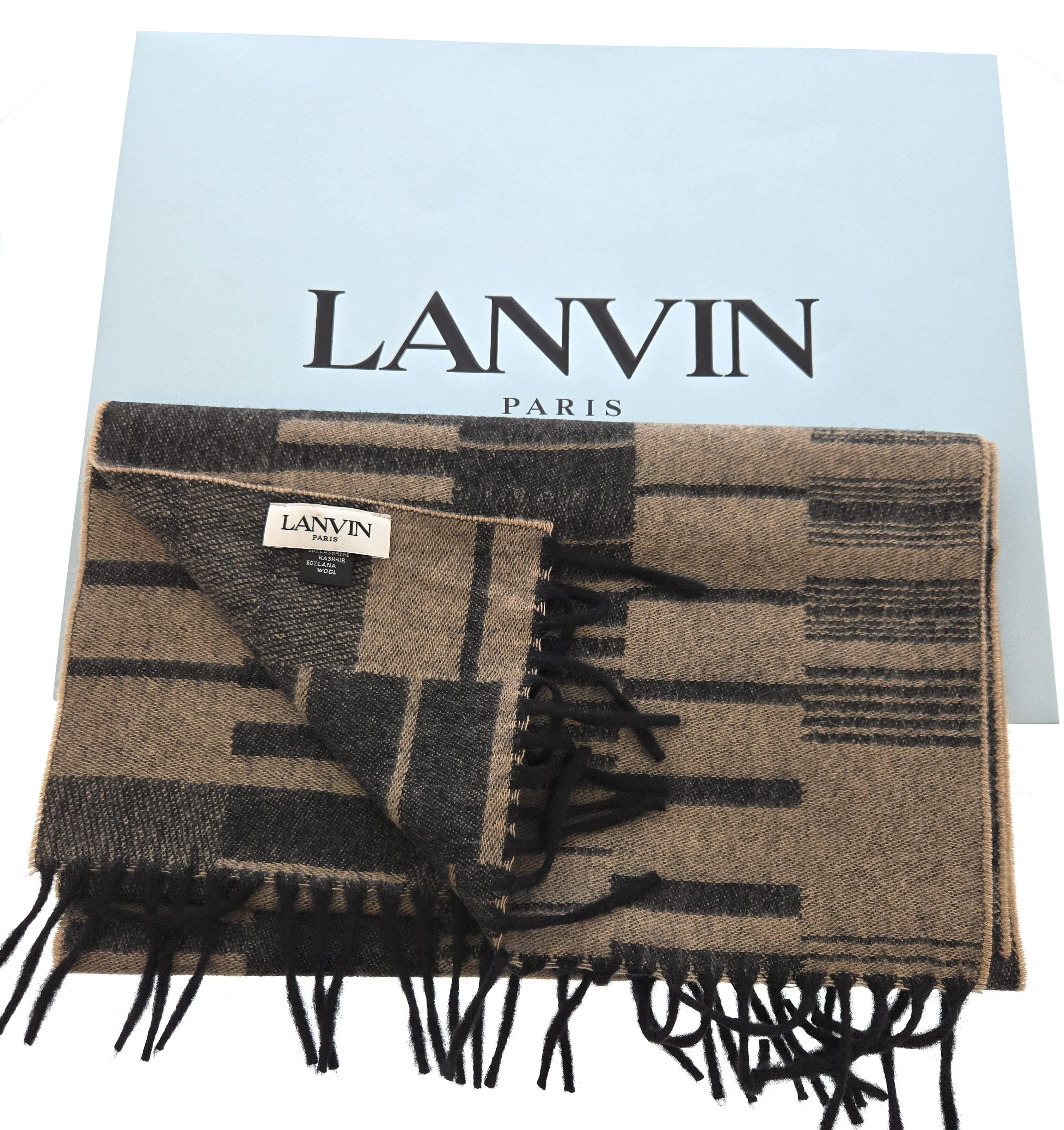 Lanvin Beige/black Geometric Pattern Cashmere Blend Scarf