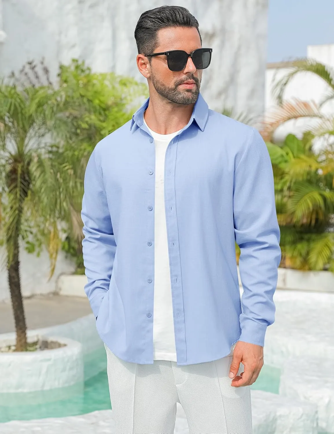 LETSEE Men's Linen Shirts Long Sleeve Untucked Casual Button Down Shirts for Men Business Dress Clothes Fashion Beach Tops