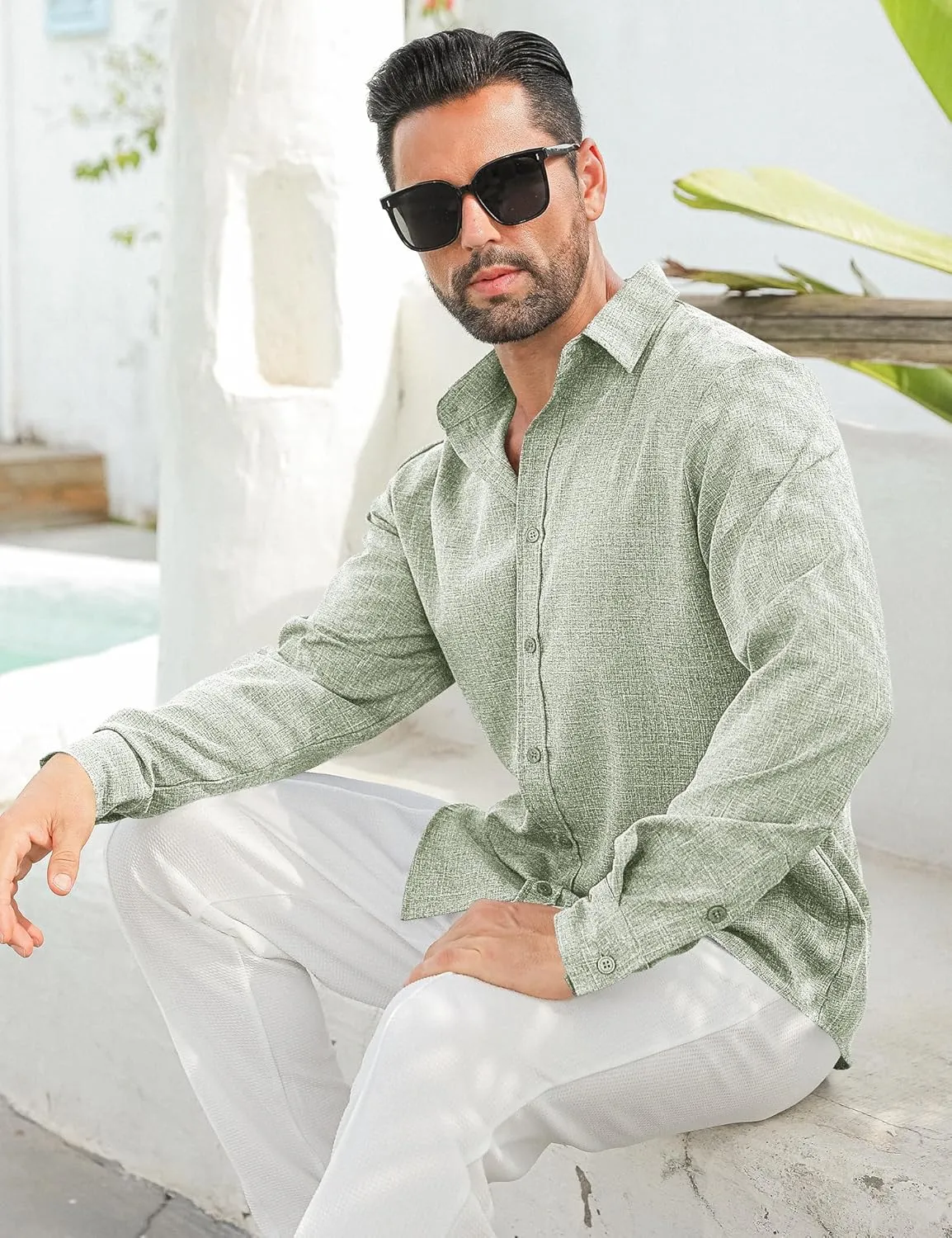 LETSEE Men's Linen Shirts Long Sleeve Untucked Casual Button Down Shirts for Men Business Dress Clothes Fashion Beach Tops