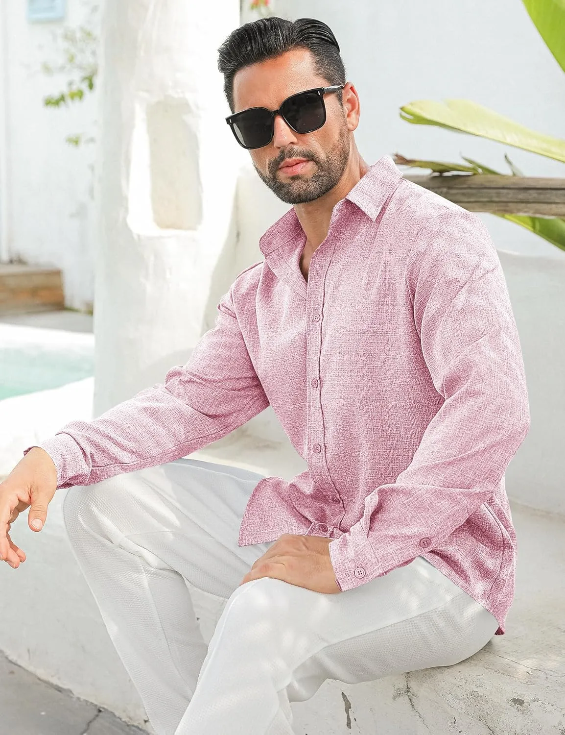 LETSEE Men's Linen Shirts Long Sleeve Untucked Casual Button Down Shirts for Men Business Dress Clothes Fashion Beach Tops