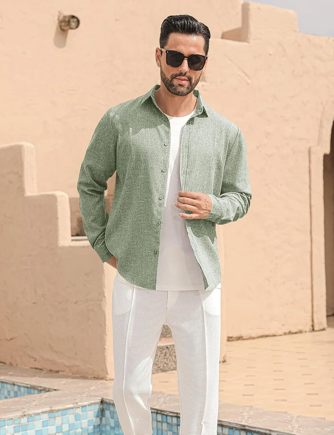 LETSEE Men's Linen Shirts Long Sleeve Untucked Casual Button Down Shirts for Men Business Dress Clothes Fashion Beach Tops