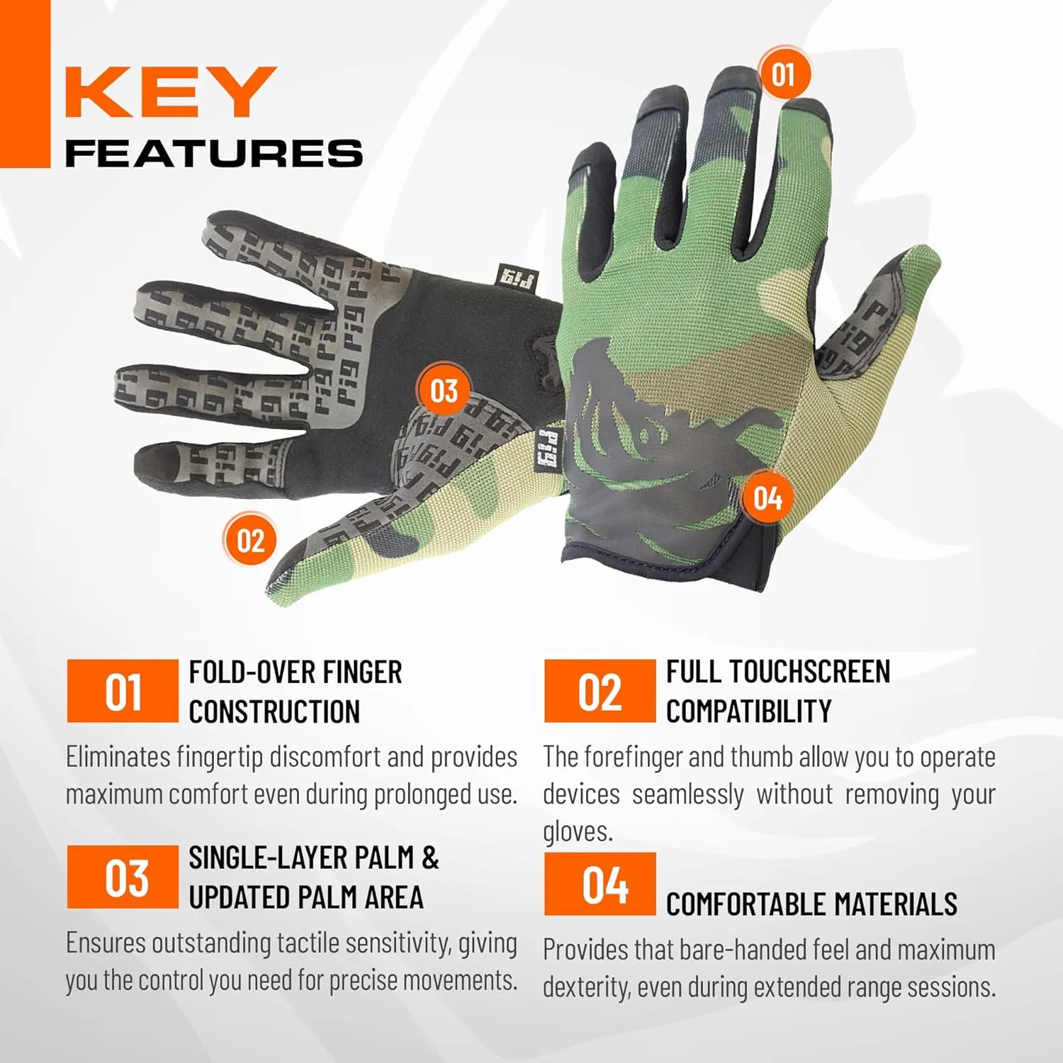 PIG Delta Utility Tactical Gloves, Touchscreen Compatible, High Dexterity, for Shooting, 1 Pair