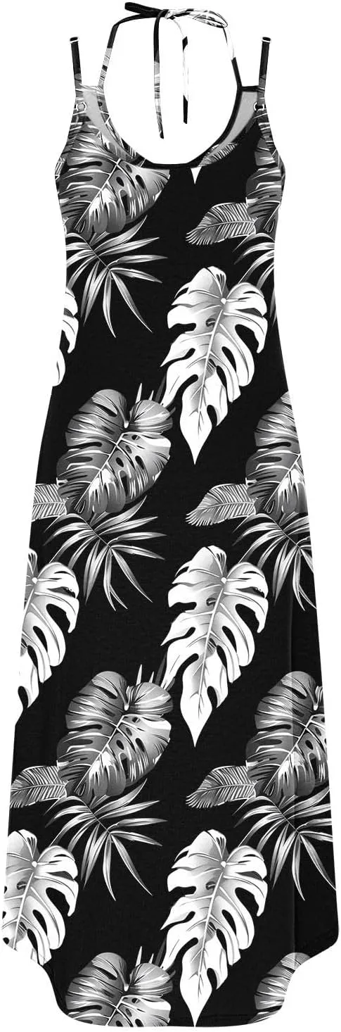 Women Casual Spaghetti Strap Sundress Floral Graphic Print Vacation Summer Maxi Dresses Loose Casual Outfit