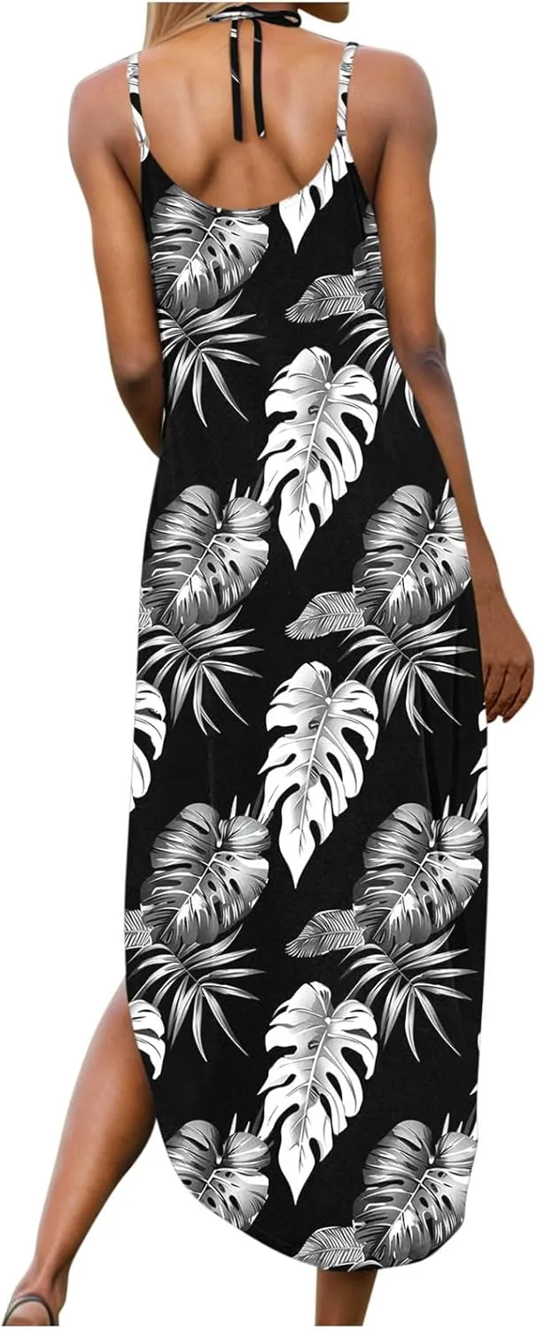 Women Casual Spaghetti Strap Sundress Floral Graphic Print Vacation Summer Maxi Dresses Loose Casual Outfit