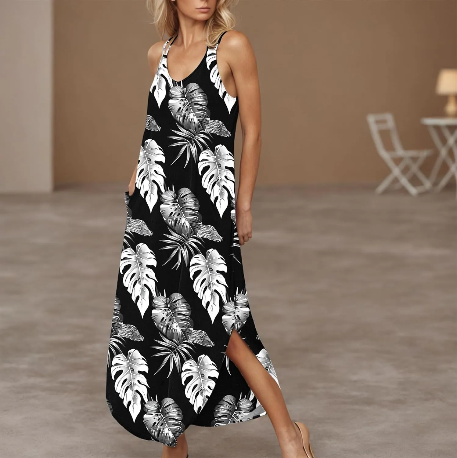 Women Casual Spaghetti Strap Sundress Floral Graphic Print Vacation Summer Maxi Dresses Loose Casual Outfit