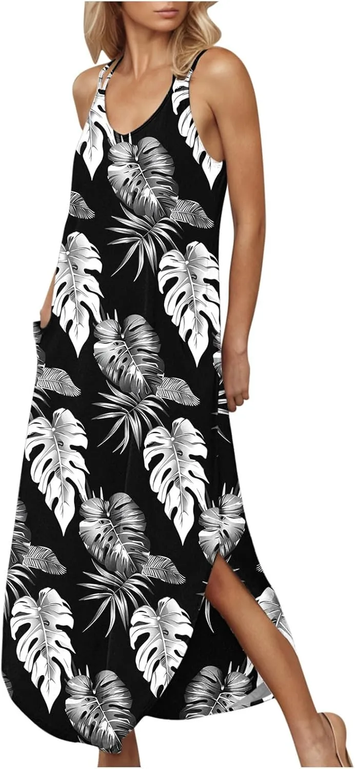 Women Casual Spaghetti Strap Sundress Floral Graphic Print Vacation Summer Maxi Dresses Loose Casual Outfit