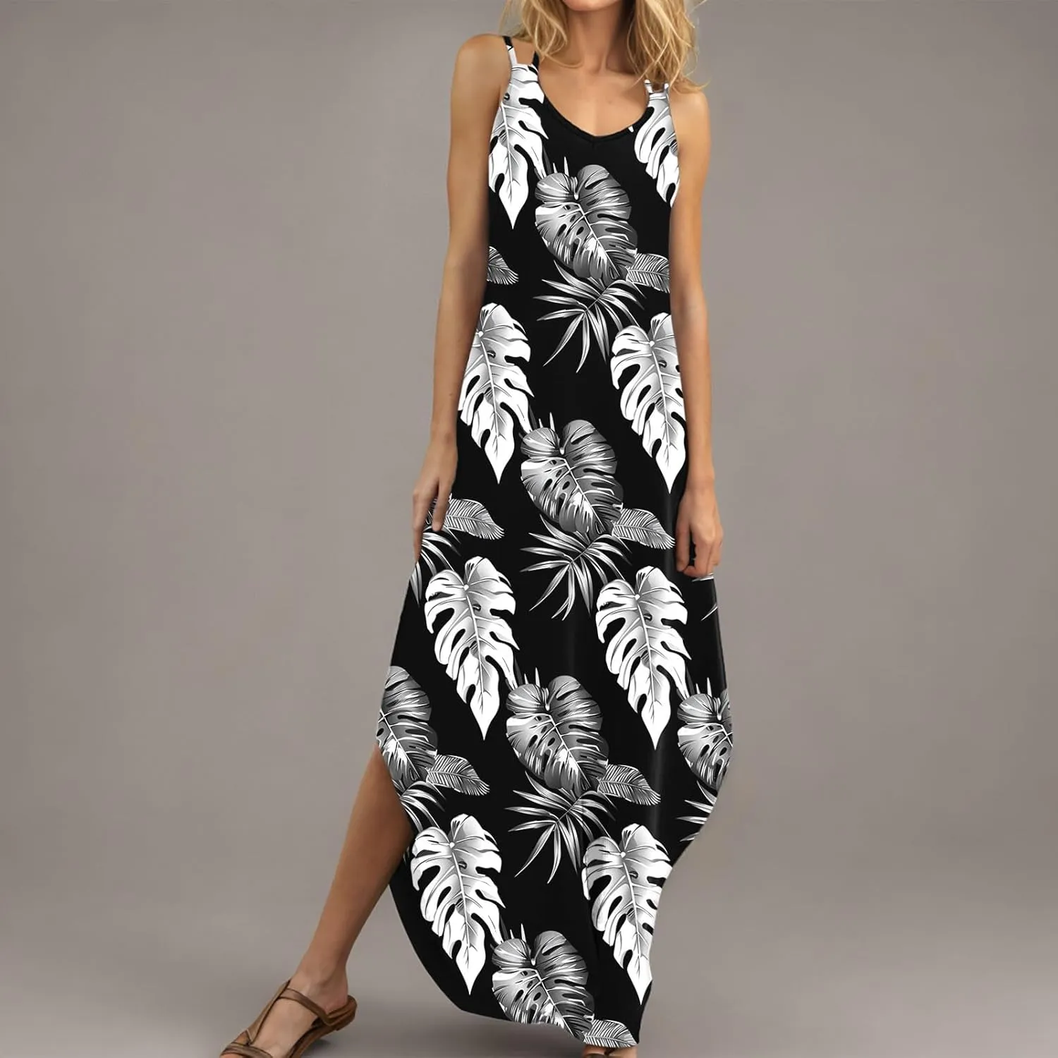Women Casual Spaghetti Strap Sundress Floral Graphic Print Vacation Summer Maxi Dresses Loose Casual Outfit