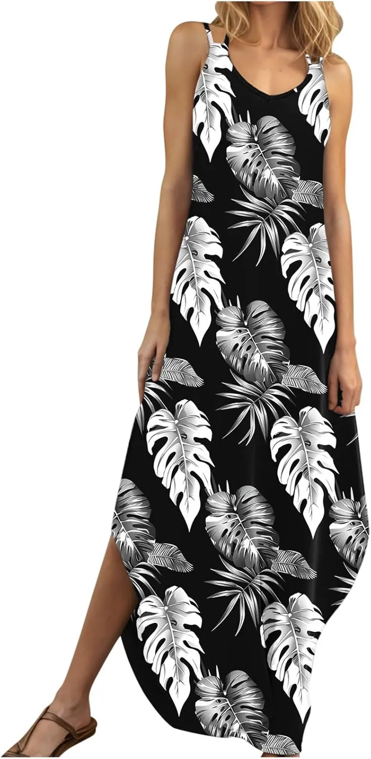 Women Casual Spaghetti Strap Sundress Floral Graphic Print Vacation Summer Maxi Dresses Loose Casual Outfit