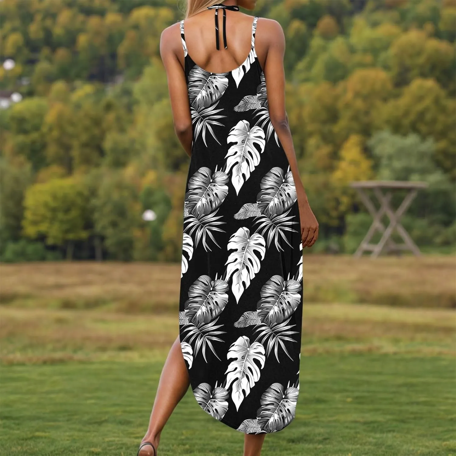 Women Casual Spaghetti Strap Sundress Floral Graphic Print Vacation Summer Maxi Dresses Loose Casual Outfit