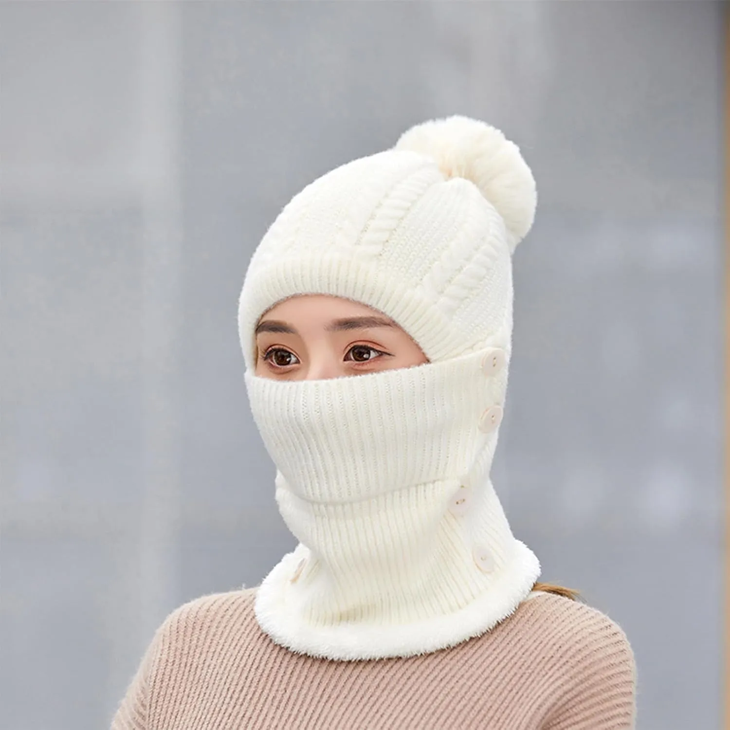 Women One Piece Slouchy Fleece Lined Beanie Hats Scarf Warm Winter Cable Knit Hat Thick Skull Ski Cap with Pompom