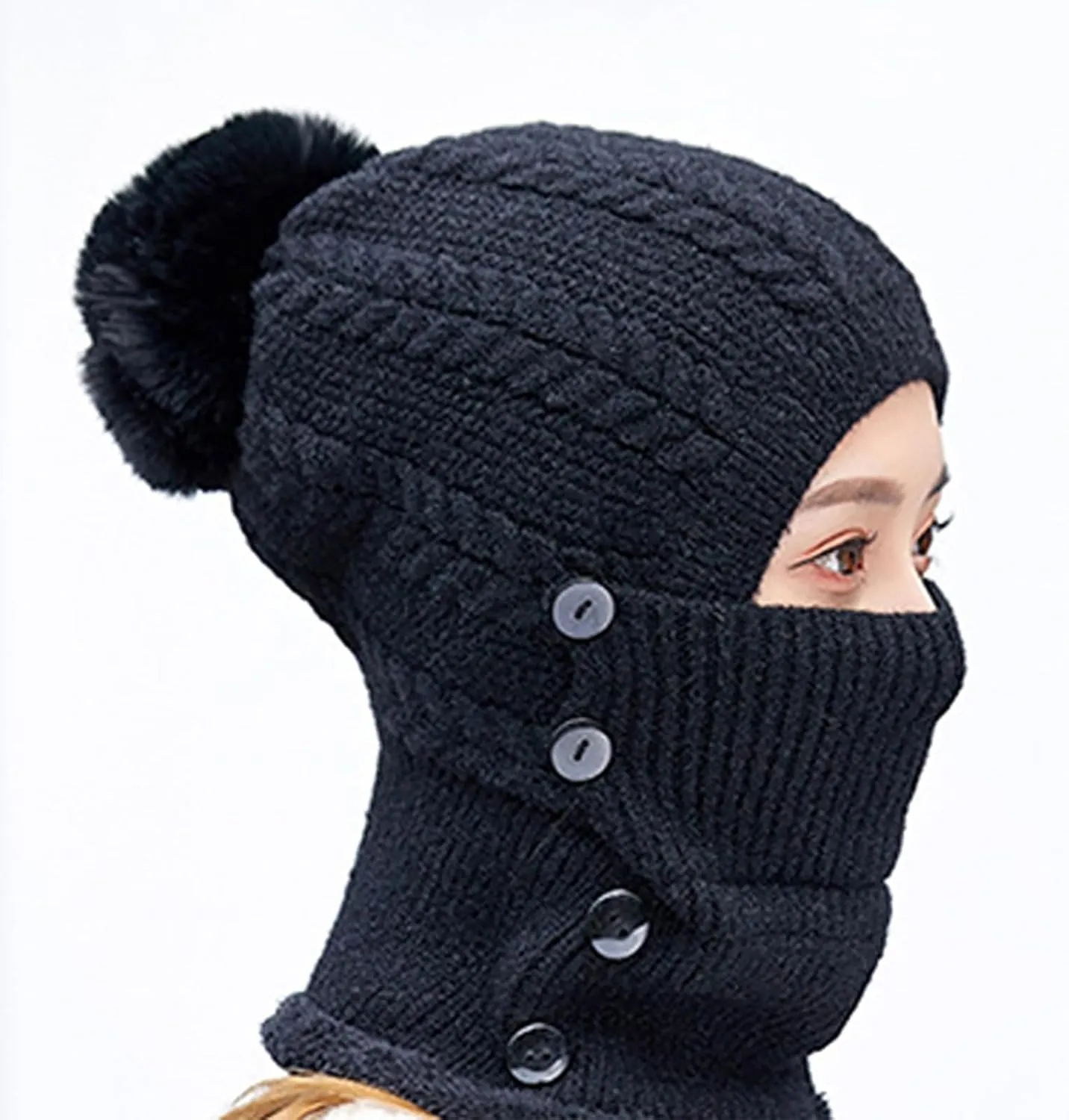 Women One Piece Slouchy Fleece Lined Beanie Hats Scarf Warm Winter Cable Knit Hat Thick Skull Ski Cap with Pompom