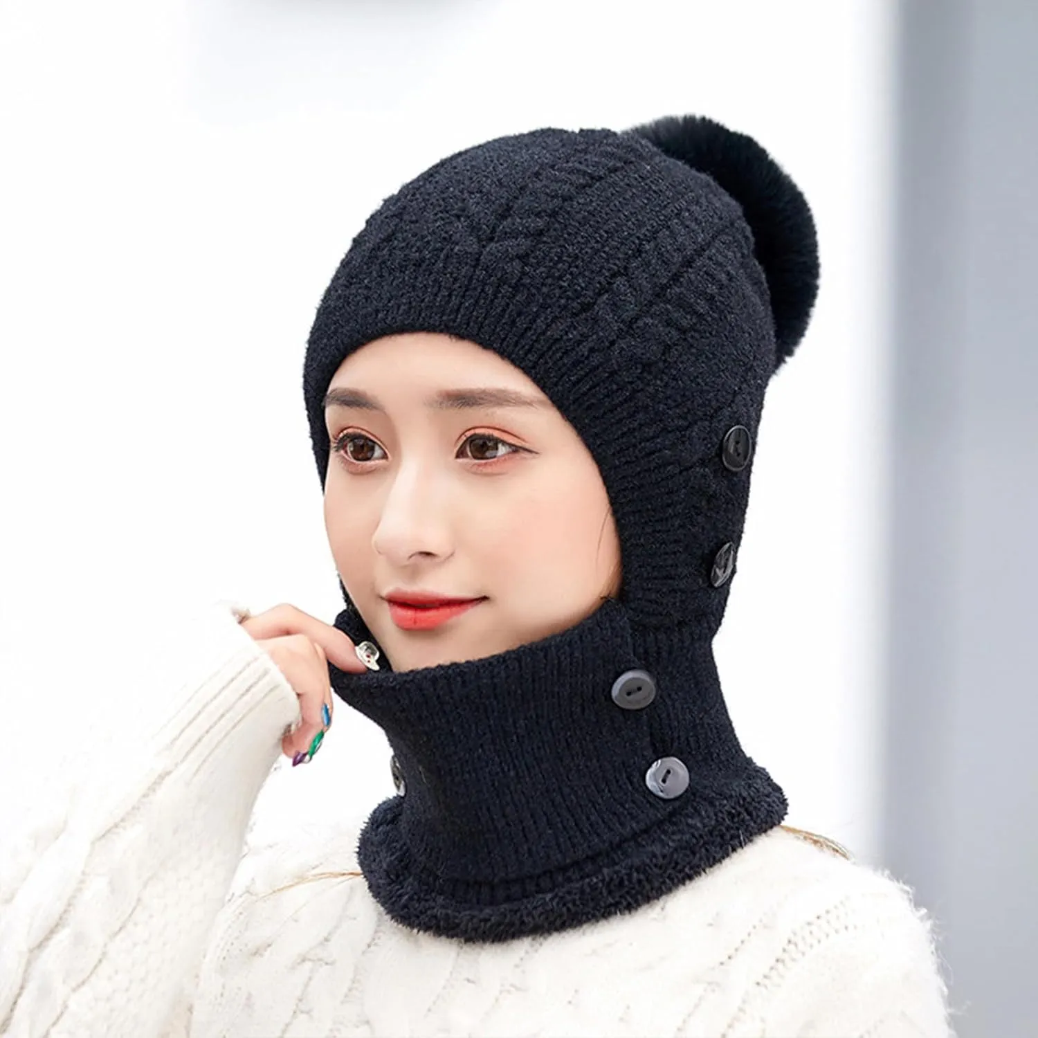 Women One Piece Slouchy Fleece Lined Beanie Hats Scarf Warm Winter Cable Knit Hat Thick Skull Ski Cap with Pompom
