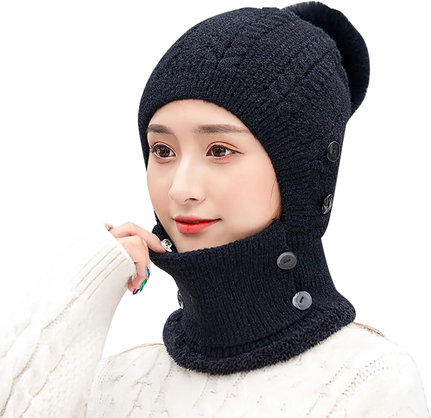 Women One Piece Slouchy Fleece Lined Beanie Hats Scarf Warm Winter Cable Knit Hat Thick Skull Ski Cap with Pompom
