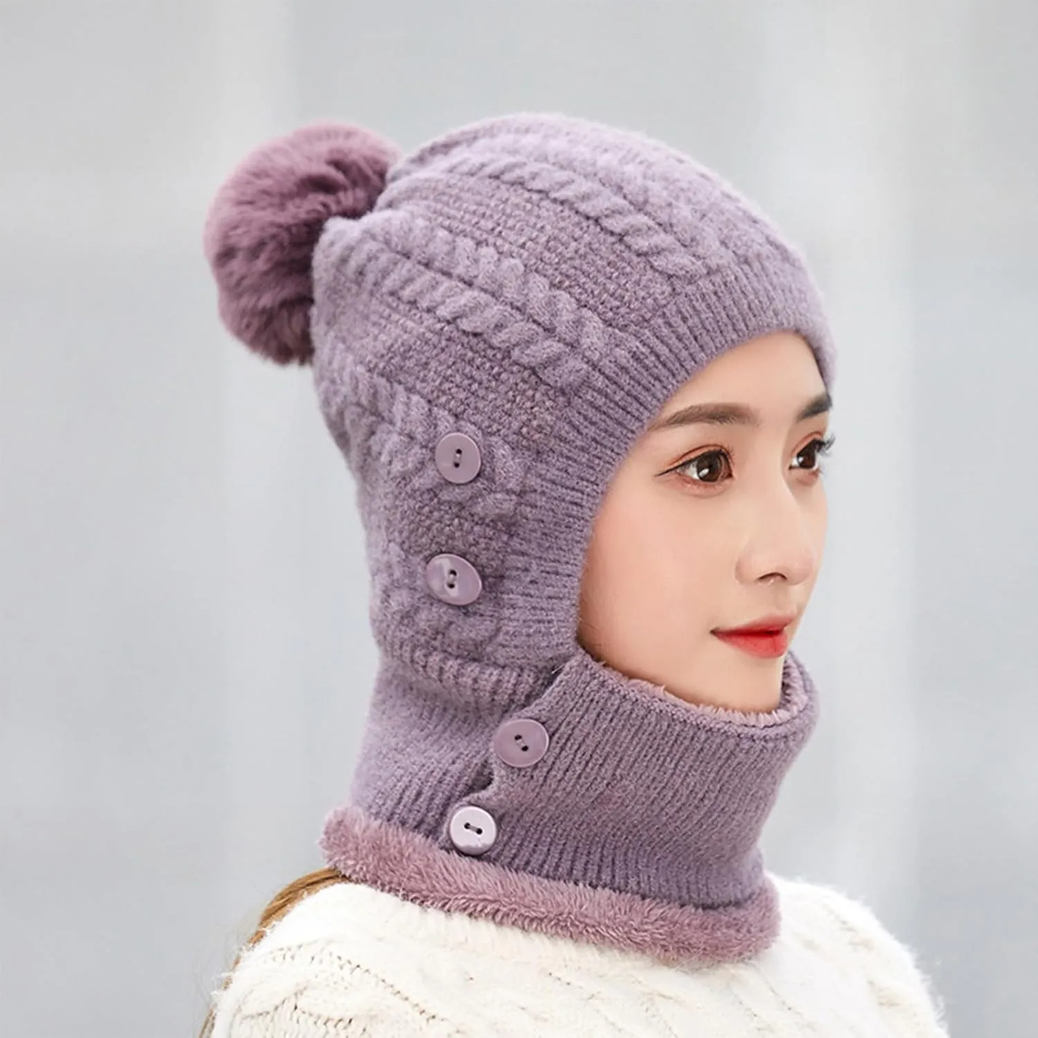 Women One Piece Slouchy Fleece Lined Beanie Hats Scarf Warm Winter Cable Knit Hat Thick Skull Ski Cap with Pompom