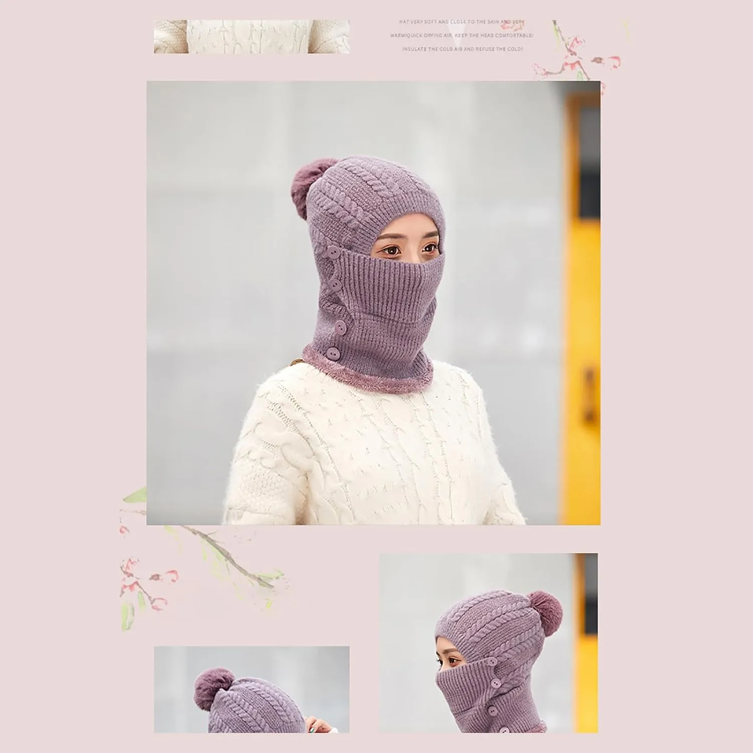 Women One Piece Slouchy Fleece Lined Beanie Hats Scarf Warm Winter Cable Knit Hat Thick Skull Ski Cap with Pompom