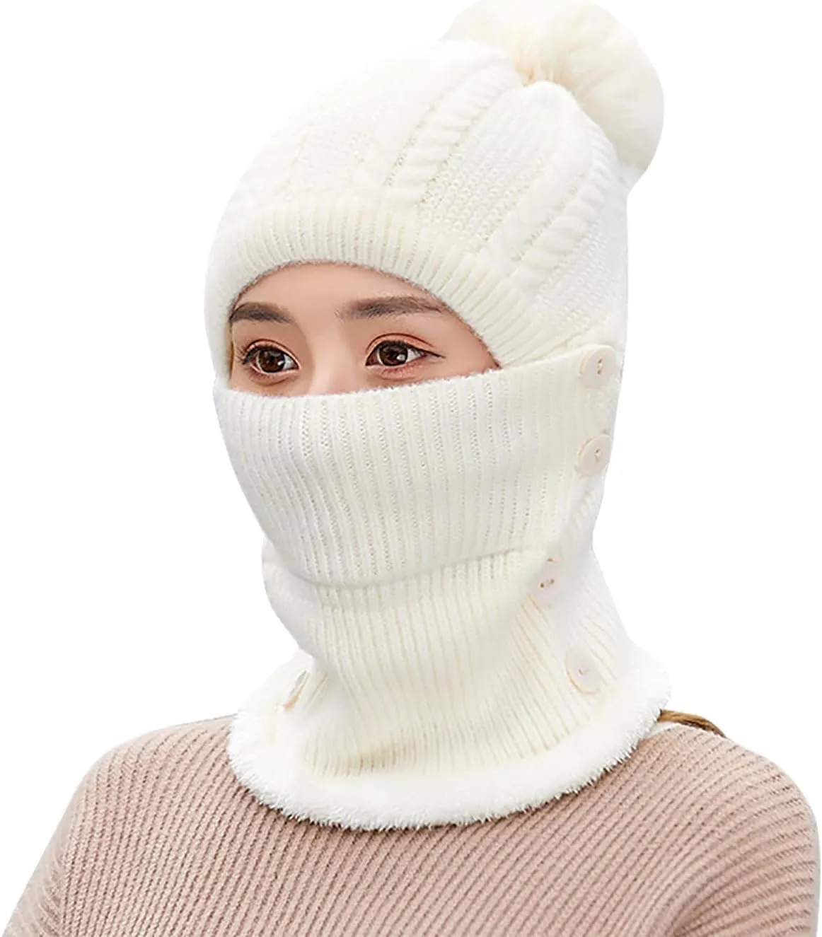 Women One Piece Slouchy Fleece Lined Beanie Hats Scarf Warm Winter Cable Knit Hat Thick Skull Ski Cap with Pompom
