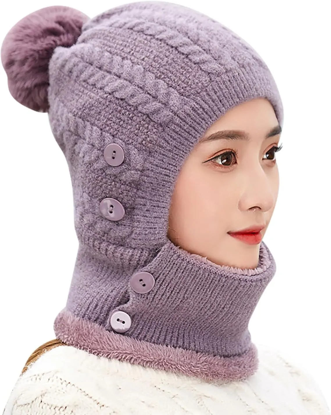 Women One Piece Slouchy Fleece Lined Beanie Hats Scarf Warm Winter Cable Knit Hat Thick Skull Ski Cap with Pompom