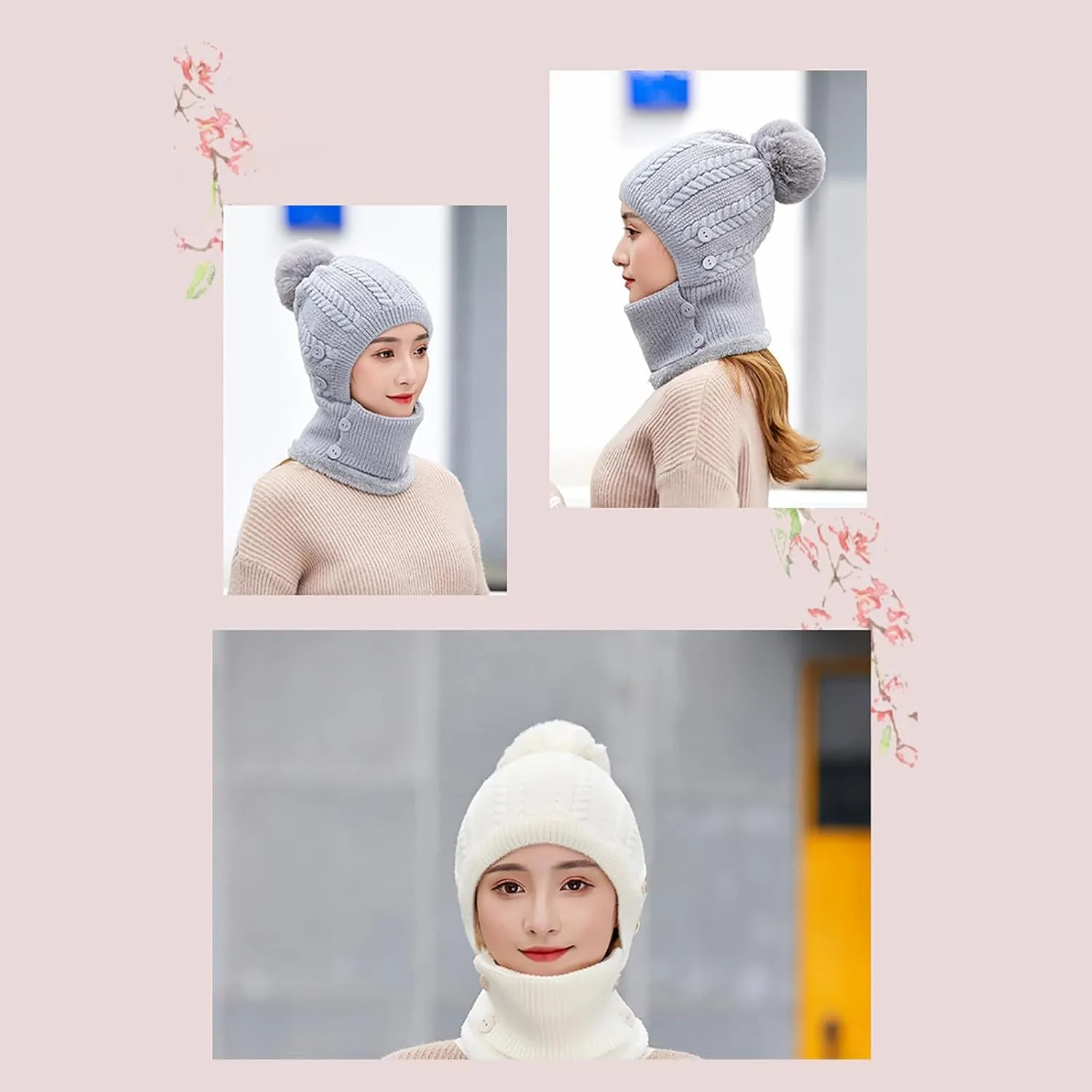 Women One Piece Slouchy Fleece Lined Beanie Hats Scarf Warm Winter Cable Knit Hat Thick Skull Ski Cap with Pompom
