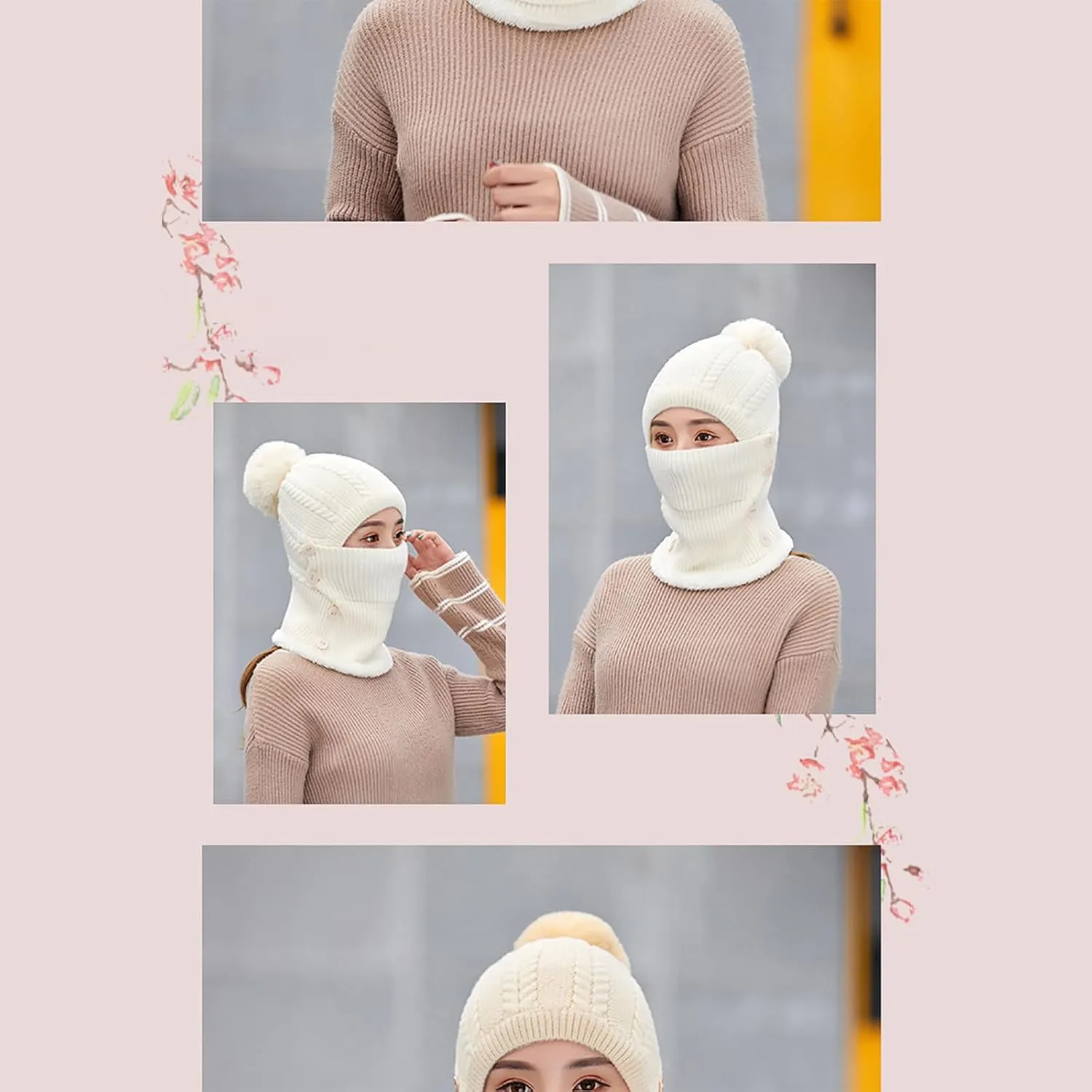 Women One Piece Slouchy Fleece Lined Beanie Hats Scarf Warm Winter Cable Knit Hat Thick Skull Ski Cap with Pompom