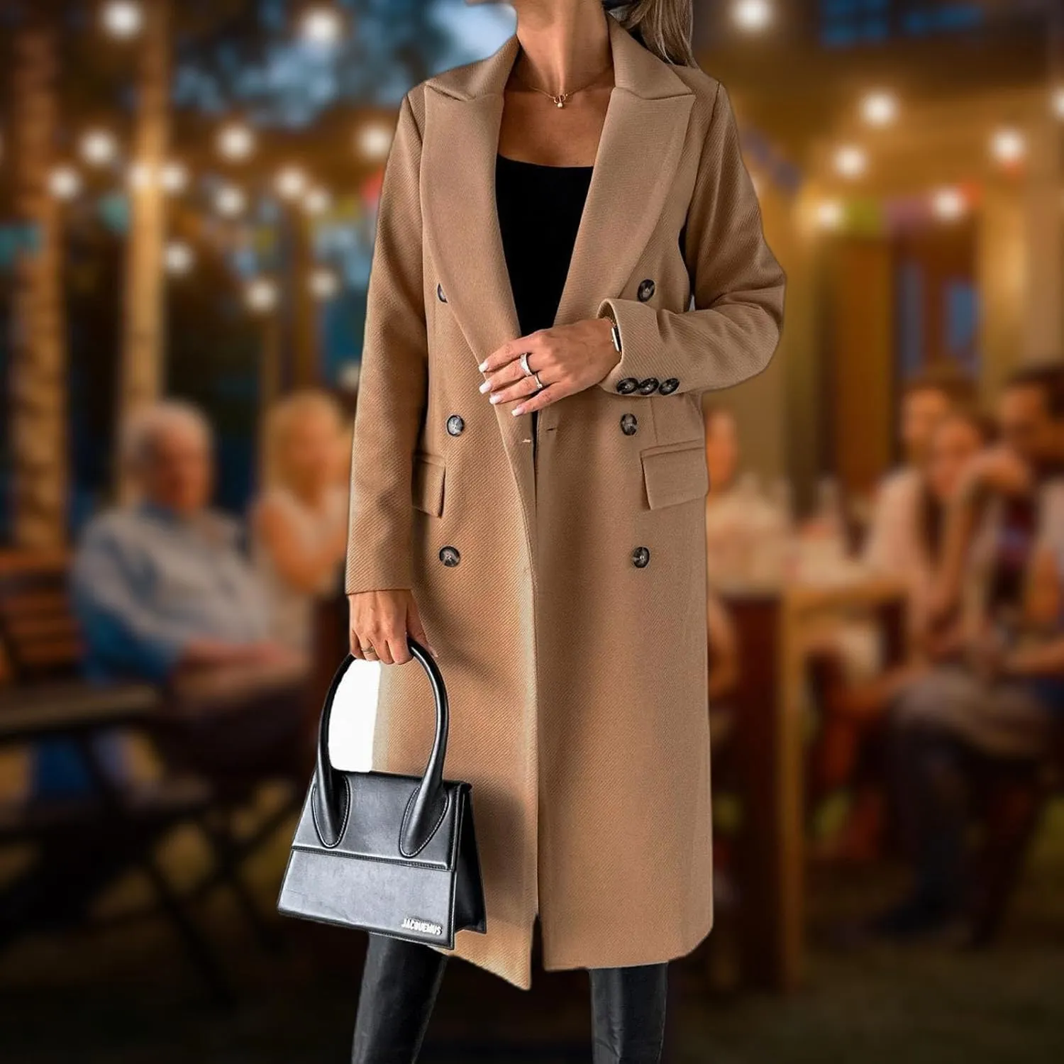 Womens Long Double Breasted Coats Lapel Collar Pea Coat Winter Slim Fit Jackets Trench Coat Outwear Mid Long Jacket