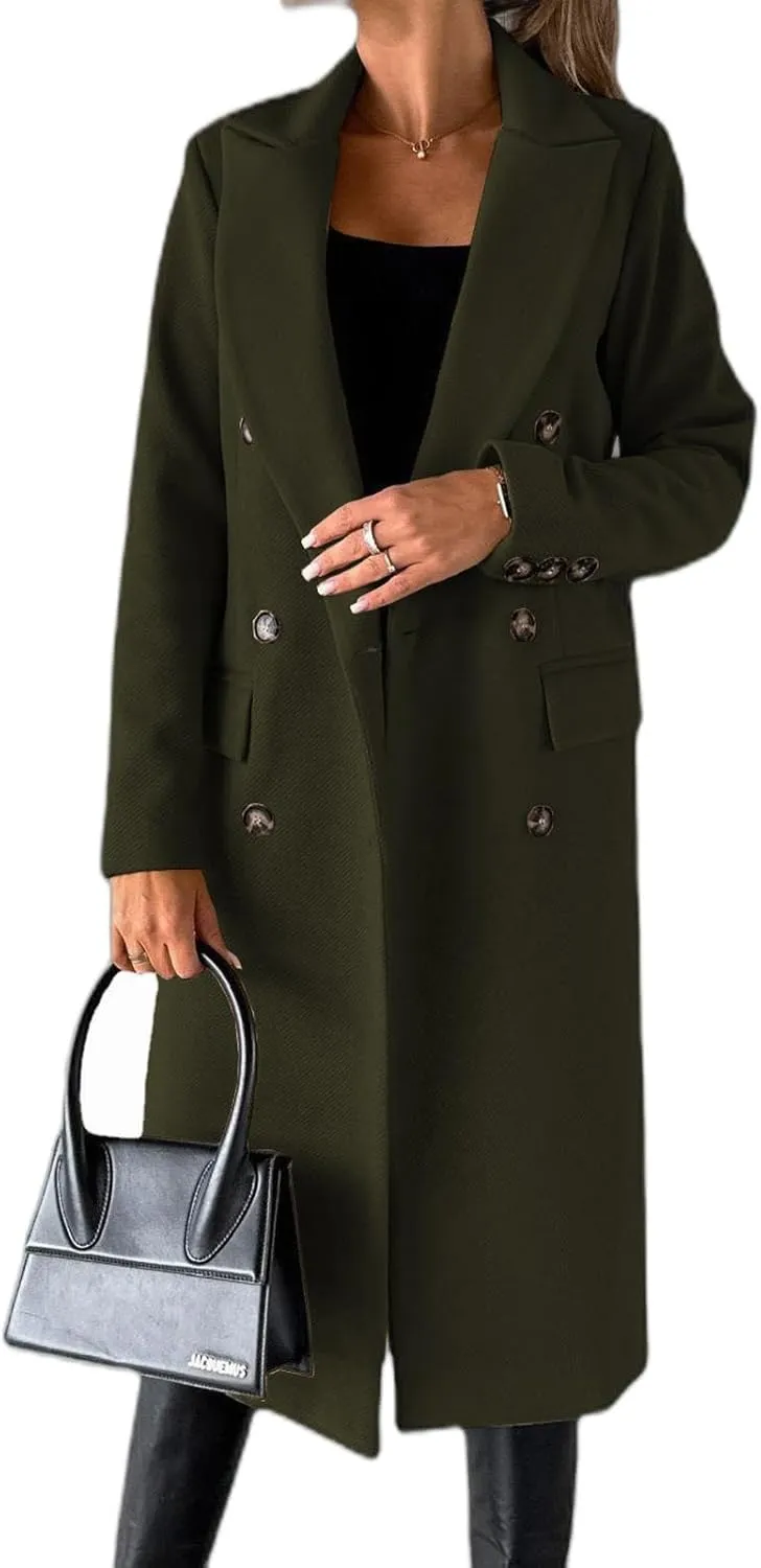Womens Long Double Breasted Coats Lapel Collar Pea Coat Winter Slim Fit Jackets Trench Coat Outwear Mid Long Jacket
