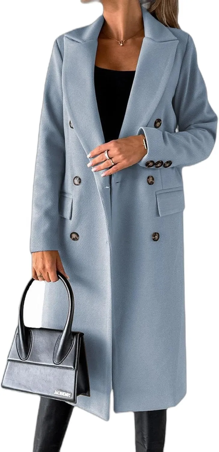 Womens Long Double Breasted Coats Lapel Collar Pea Coat Winter Slim Fit Jackets Trench Coat Outwear Mid Long Jacket