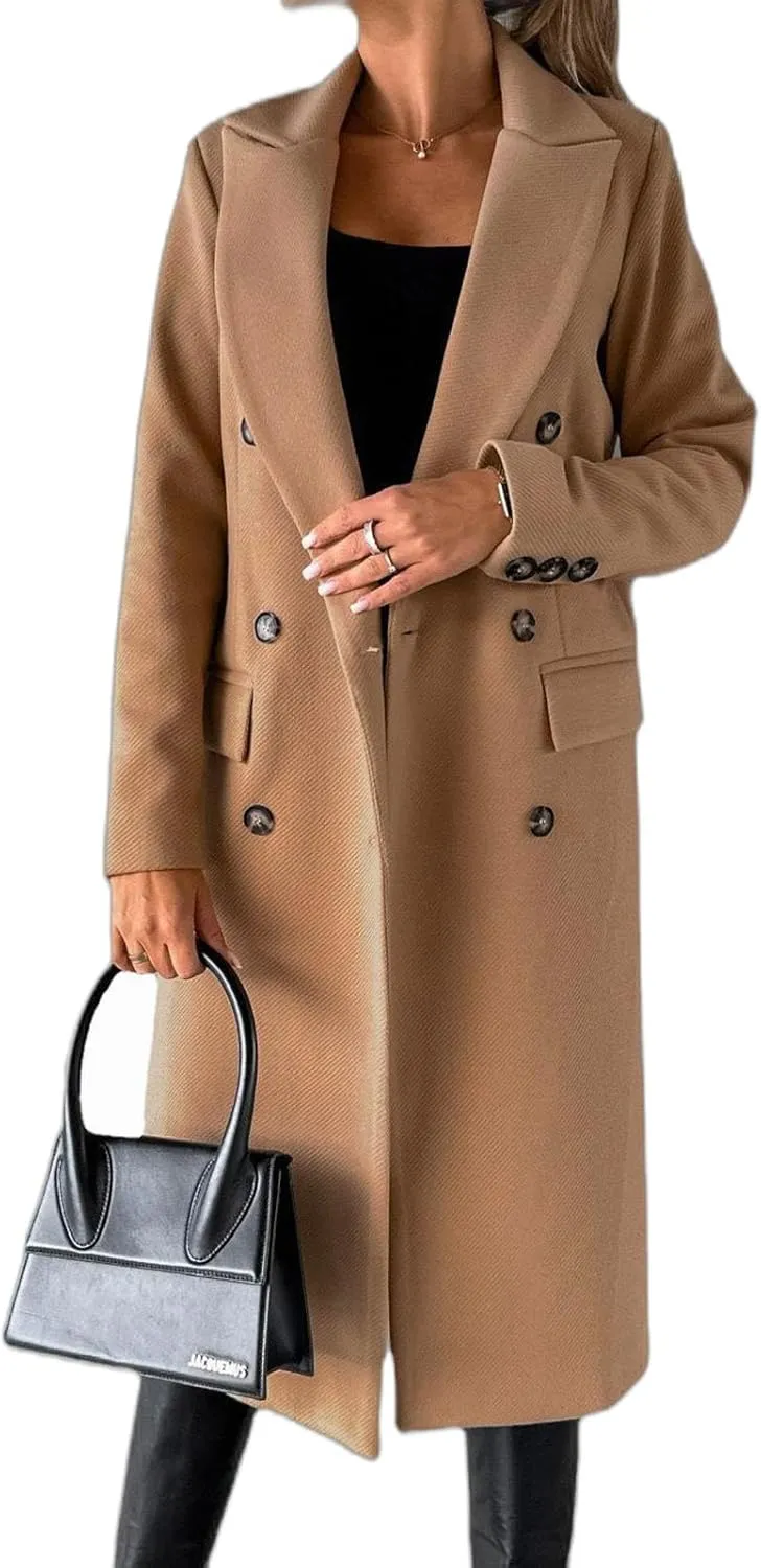 Womens Long Double Breasted Coats Lapel Collar Pea Coat Winter Slim Fit Jackets Trench Coat Outwear Mid Long Jacket